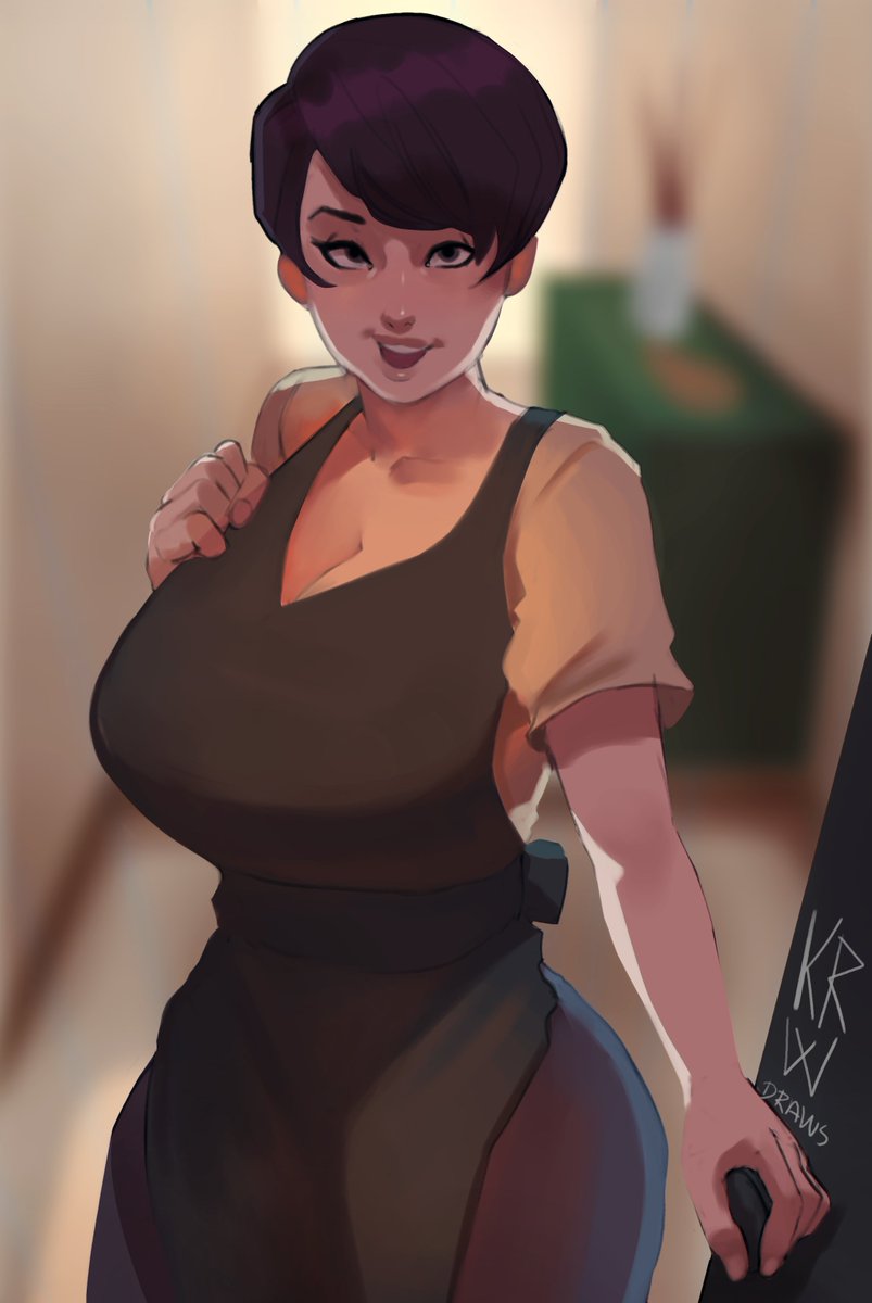 1girls 2022 apron big_breasts black_eyes black_hair blurry_background clothing female female_only komi-san_wa_komyushou_desu komi_shuuko korwuarts looking_at_viewer mature_female milf narrowed_eyes opening_door smiling smiling_at_viewer solo