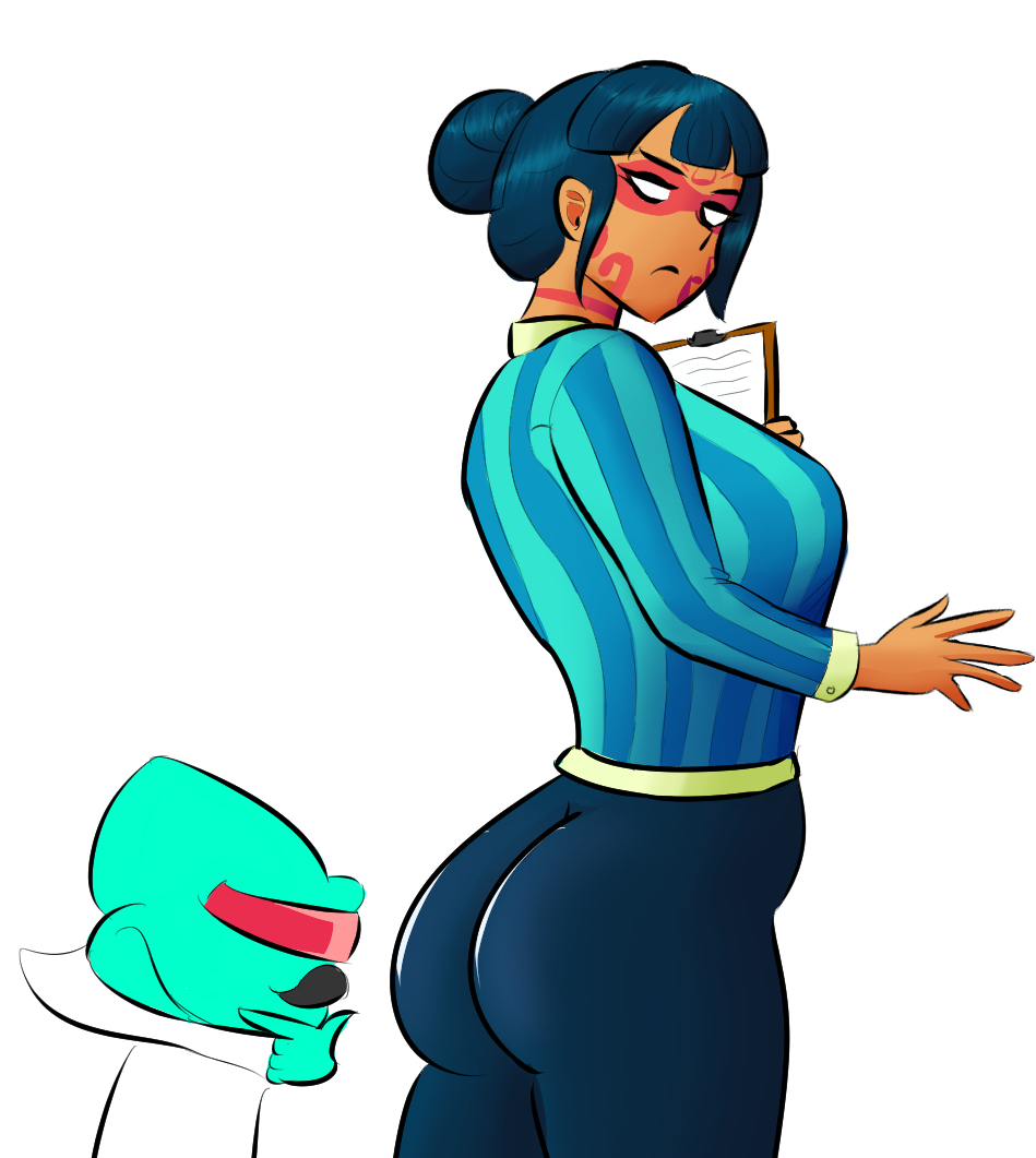 1boy 1girls alien annoyed ass big_ass blue_hair brawlhalla breasts fat_ass female looking_at_ass lord_vraxx male pathyena queen_nai_(brawlhalla) round_ass thick_thighs thighhighs