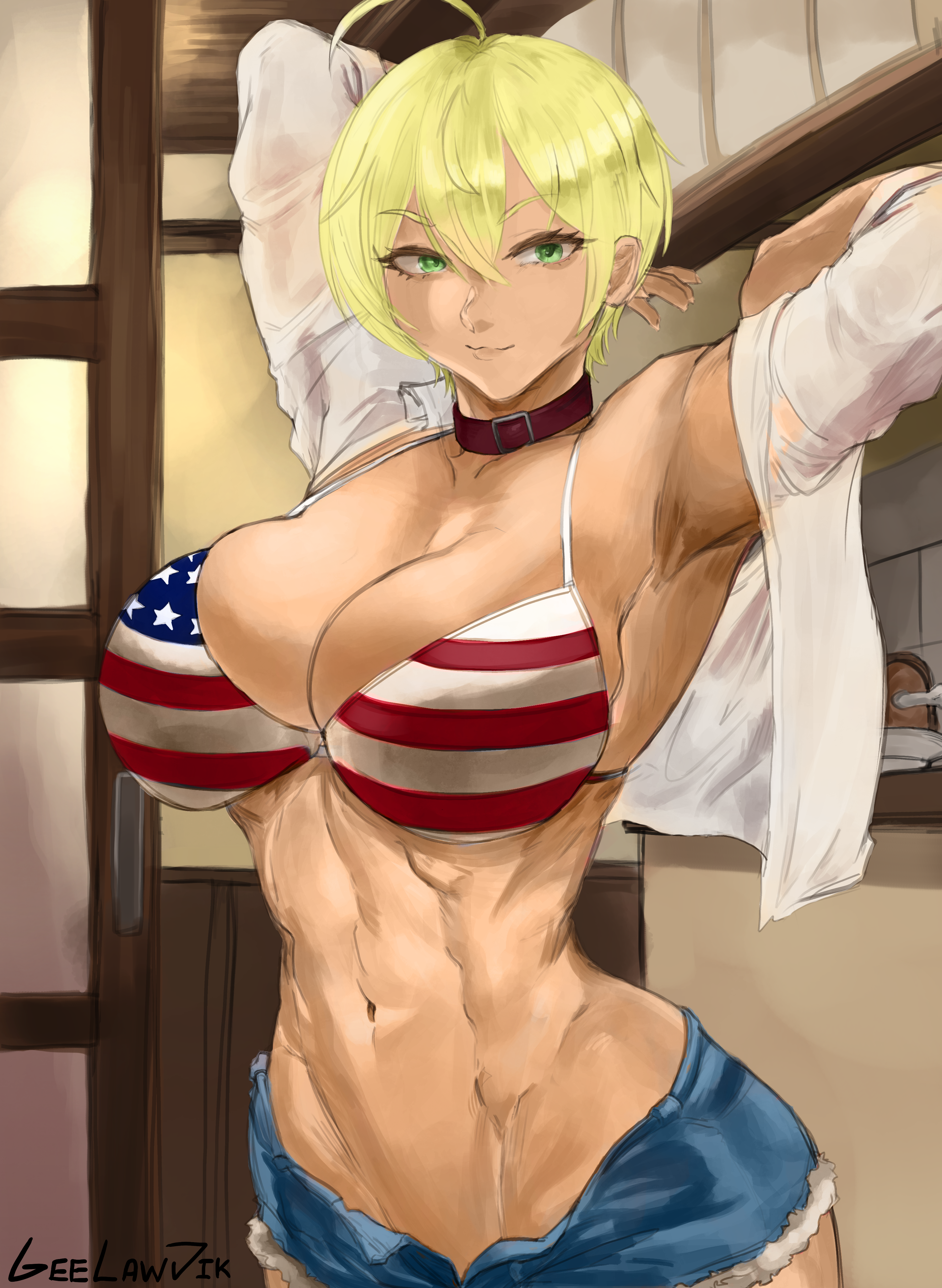 1girls, 2022, absurd res, ahoge, american flag, american flag bikini, armpits, arms behind head, big breasts, bikini, blonde hair, blonde-haired female, breasts, collar, dark skin, dark-skinned female, female, female only, geelawjik, green eyes, looking at viewer, mito ikumi, open shirt, shirt, shokugeki no souma, short hair, shorts, smiling, smiling at viewer, solo, tomboy, very short hair