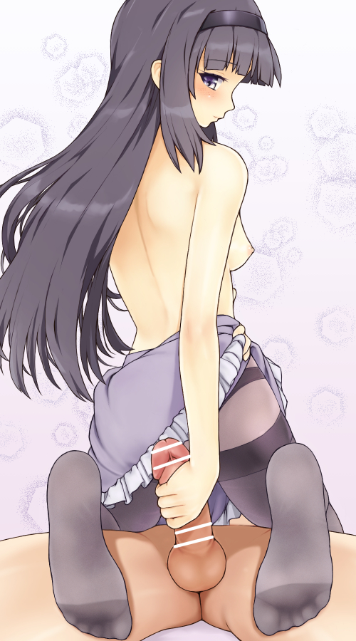 akemi homura, balls, black hair, black panties, censored, censored penis, feet, female, female on top, foot fetish, handjob, human, light skin, light-skinned female, long hair, looking at viewer, looking back, maa (maa1), magical girl, mahou shoujo madoka magica, male, masturbation, nervous, panties, pantyhose, penis, penis grab, puella magi madoka magica, purple eyes, simple background, soles, straight, testicles, toes, unseen male face, white skin