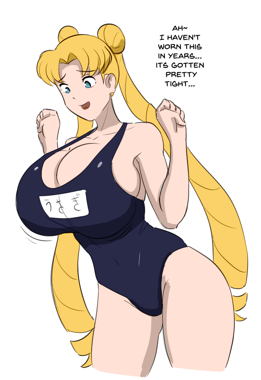 1girls aged_up alternate_breast_size bishoujo_senshi_sailor_moon cleavage color dialogue dialogue_box female_only huge_breasts large_breasts one-piece_swimsuit rexcrash64 school_swimsuit small_clothes solo solo_female swimsuit tight_clothing usagi_tsukino