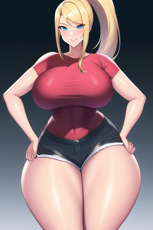 ai generated, big breasts, big thighs, blonde hair, blue eyes, breasts, curvy, curvy figure, female, gigantic breasts, hand on hip, huge breasts, huge hips, huge thighs, looking at viewer, metroid, nai diffusion, ponytail, red shirt, samus aran, seductive smile, shiny clothes, shiny hair, shiny skin, shiny thighs, short shorts, stable diffusion, thunder thighs, tight clothing, voluptuous, wide hips