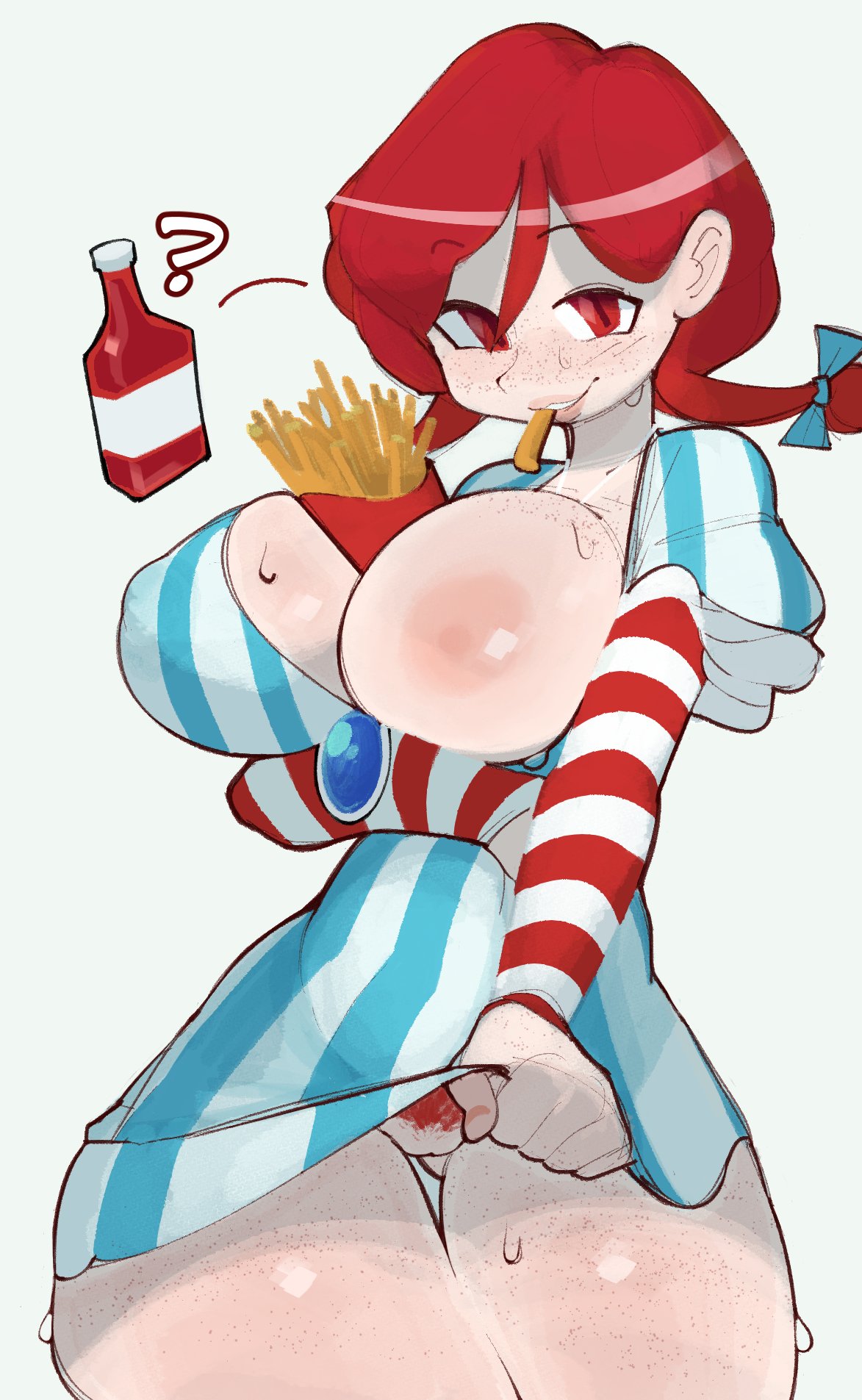 1girls, blush, bottomless, breasts, female, food, fries, hair ornament, looking at viewer, one breast out, partially clothed, pubic hair, pubsnsfw, pussy, red eyes, red hair, smile, solo, standing, sweat, thick thighs, wendy thomas, wendy's
