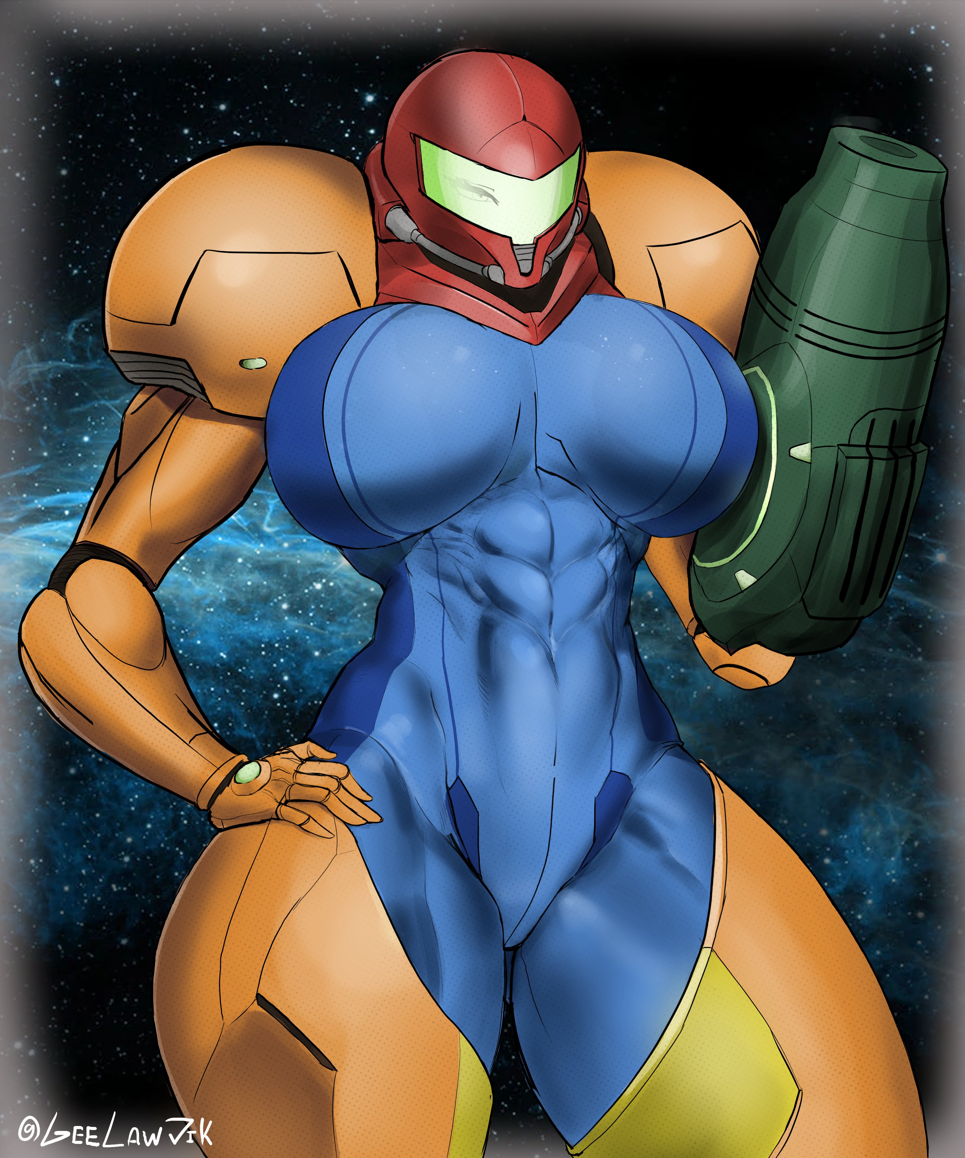 1girls, 2022, abs, armor, armored samus, big breasts, bodysuit, breasts, female, female only, geelawjik, hand on hip, helmet, helmet with visor, huge breasts, metroid, muscular, muscular female, nintendo, power suit, samus aran, solo, thick thighs, three-quarter portrait, tomboy, varia suit, varia suit helmet, very high resolution, wide hips, zero suit, zero suit samus
