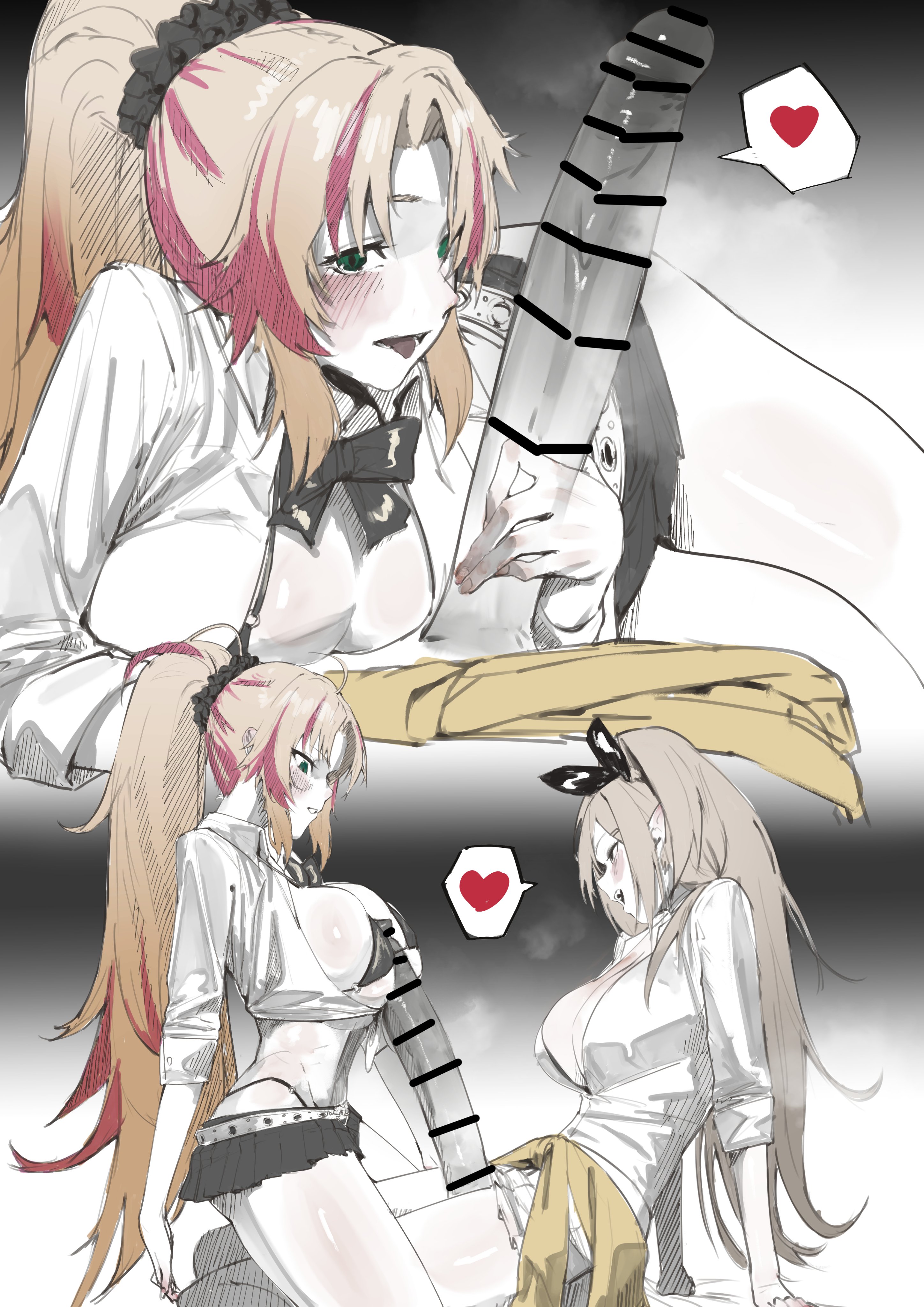 1futa, 1girls, alternate costume, balls, bar censor, barbariana (last origin), barbariana (scary sister's school uniform) (last origin), big breasts, bottomless, breasts, censored, clothed, clothing, crossover, erection, female, futanari, goddess of victory: nikke, huge cock, human, intersex, kneeling, large breasts, last origin, long hair, long penis, looking at penis, midriff baring shirt, mostly nude, official alternate costume, partially clothed, penis, penis awe, penis between breasts, restricted palette, ribbon, rupee (nikke), shikisokuzeku76, shirt, shorts, sitting, sitting on lap, thong, two-tone hair