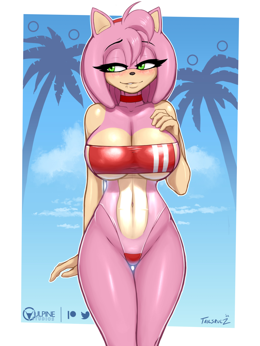 2d, amy rose, anthro, female, fur, furry, green eyes, gris swimsuit, hedgehog, mobian (species), one piece swimsuit, sega, solo, solo female, sonic (series), sonic the hedgehog (series), swimsuit, tailsrulz