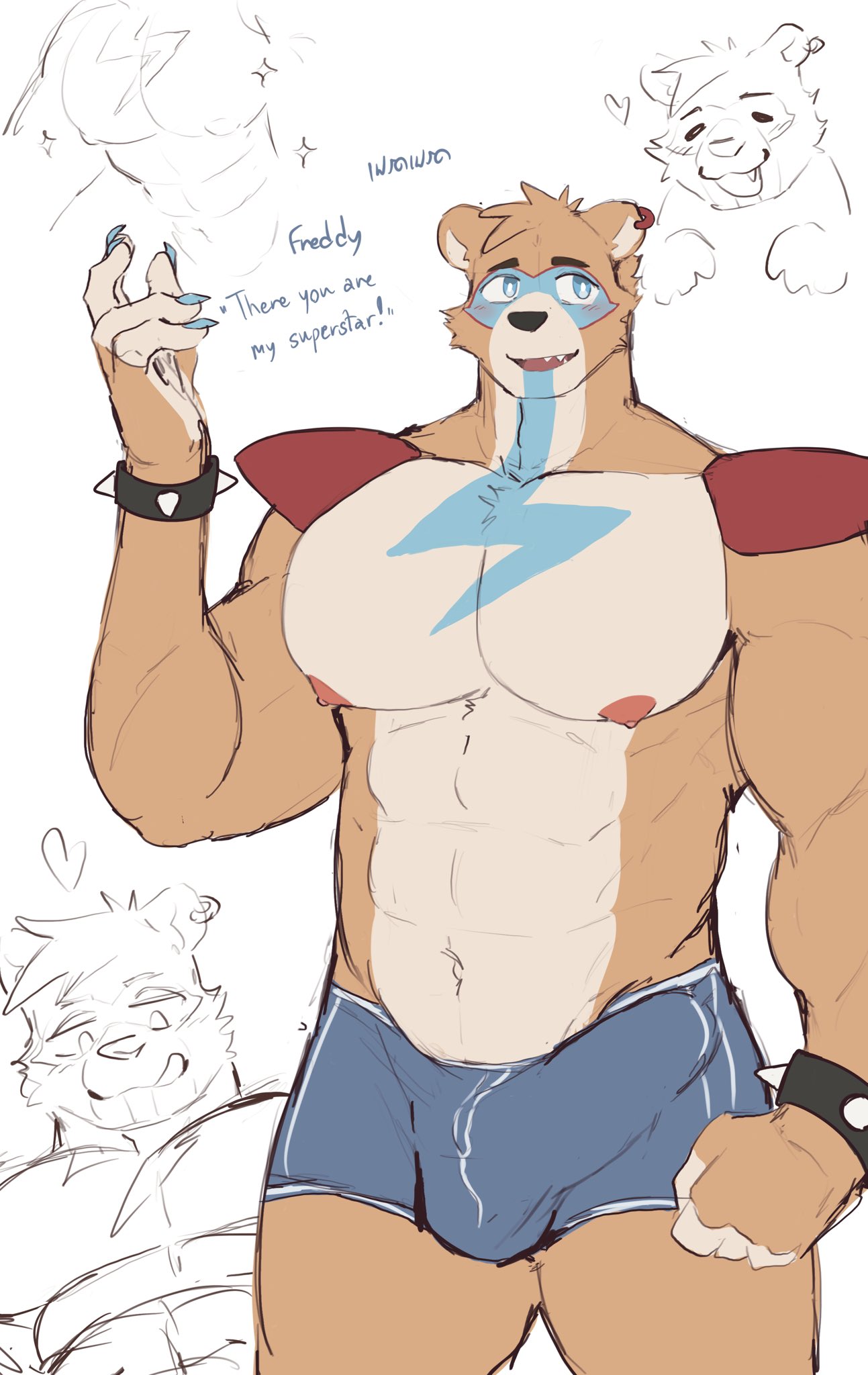 1boy 1male 2022 abs anthro anthro_focus anthro_only athletic athletic_anthro athletic_male barazoku bata bear bigger_male blue_eyes blush bodypaint bowtie_removed bracelet bulge bulge_down_leg bulge_through_clothing bulge_under_clothes claws digital_drawing_(artwork) digital_media_(artwork) ear_piercing earrings english english_text facepaint fangs finger_claws five_nights_at_freddy's five_nights_at_freddy's:_security_breach furry furry_male furry_only gay gay_male glamrock_freddy_(fnaf) half-closed_eyes kavsling licking_lips male male_only mammal mammal_humanoid muscles muscular muscular_anthro muscular_arms muscular_male navel nipples open_smile orange_body orange_fur partially_clothed partially_clothed_male pecs pectorals pierced_ears piercing scottgames shoulder_pads smile solo solo_anthro solo_focus solo_male spiked_bracelet steel_wool_studios text tongue tongue_out two_tone_body two_tone_fur under_clothes underwear underwear_bulge underwear_only