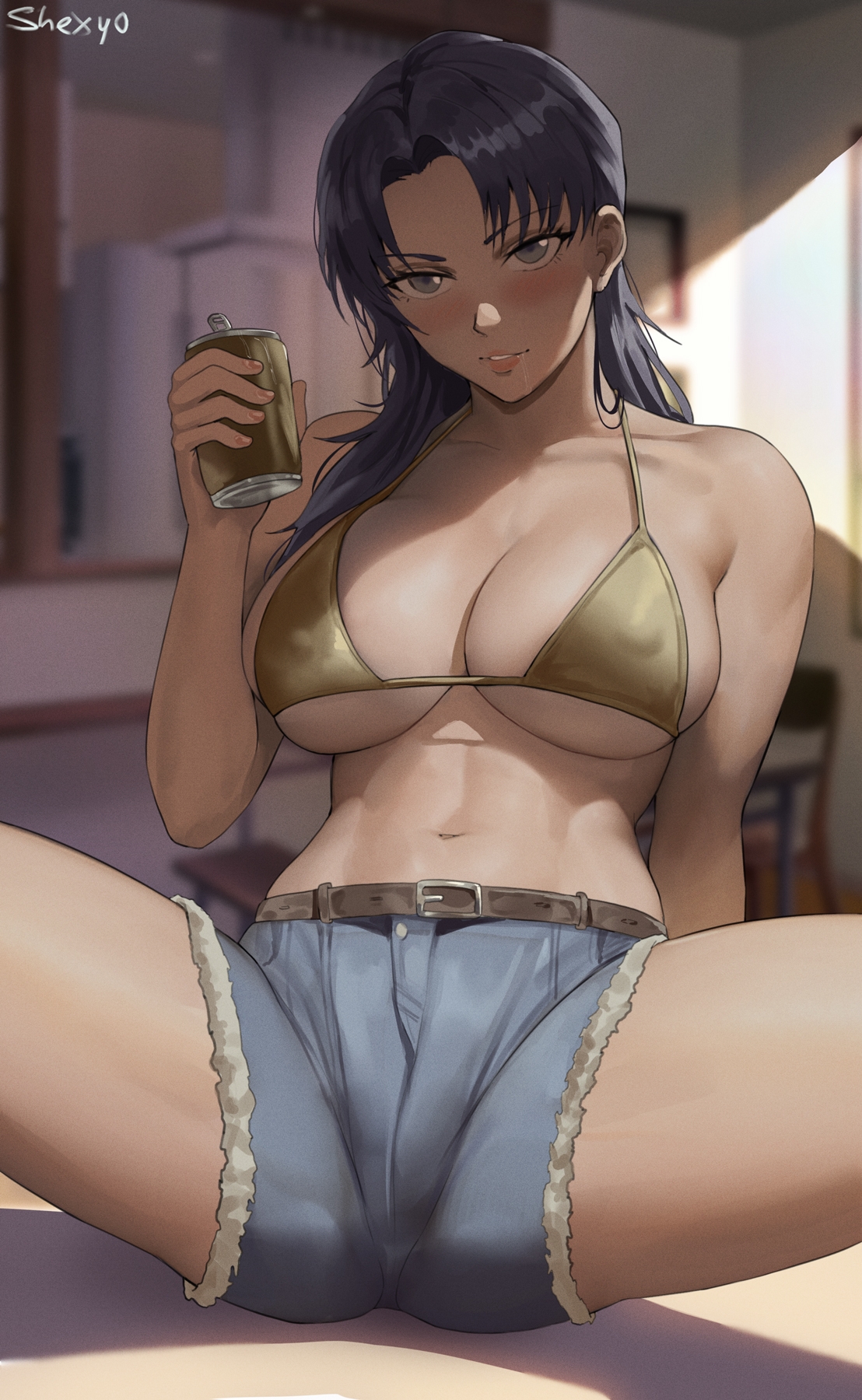1girls, alcohol, beer, beer can, big breasts, bikini, blurry background, breasts, clothed, drunk, female, female only, light-skinned female, long hair, misato katsuragi, neon genesis evangelion, purple eyes, purple hair, shexyo, shorts, solo, solo female, spread legs, tagme, thighs