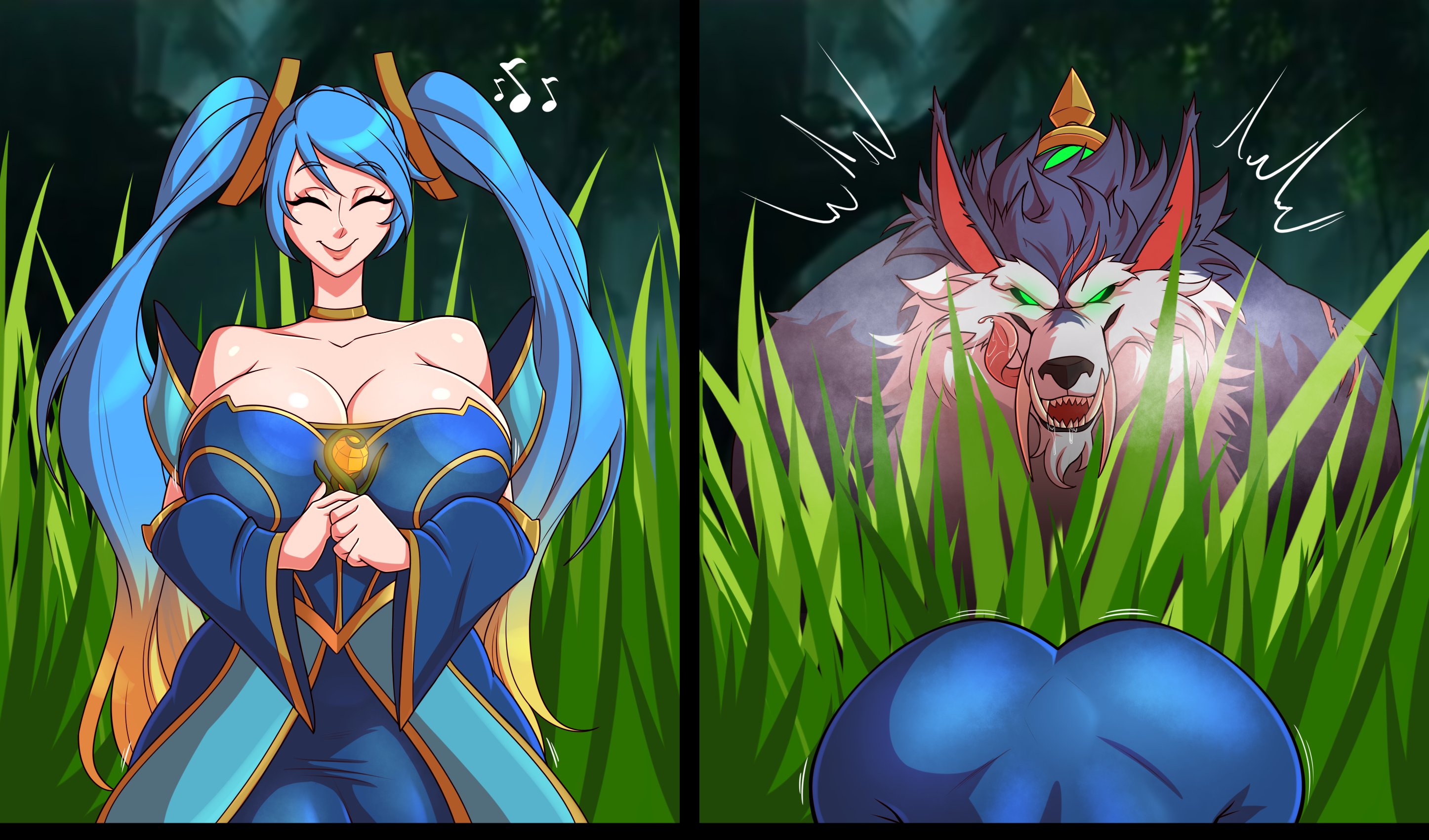 1boy, 1girls, anthro, ass, big ass, big breasts, big butt, blue hair, breasts, canid, canine, canis, closed eyes, clothed female, female, fully clothed, huge ass, huge breasts, imminent rape, league of legends, long hair, male, monster, parvad, riot games, smile, sona buvelle, twintails, warwick, werewolf, wolf