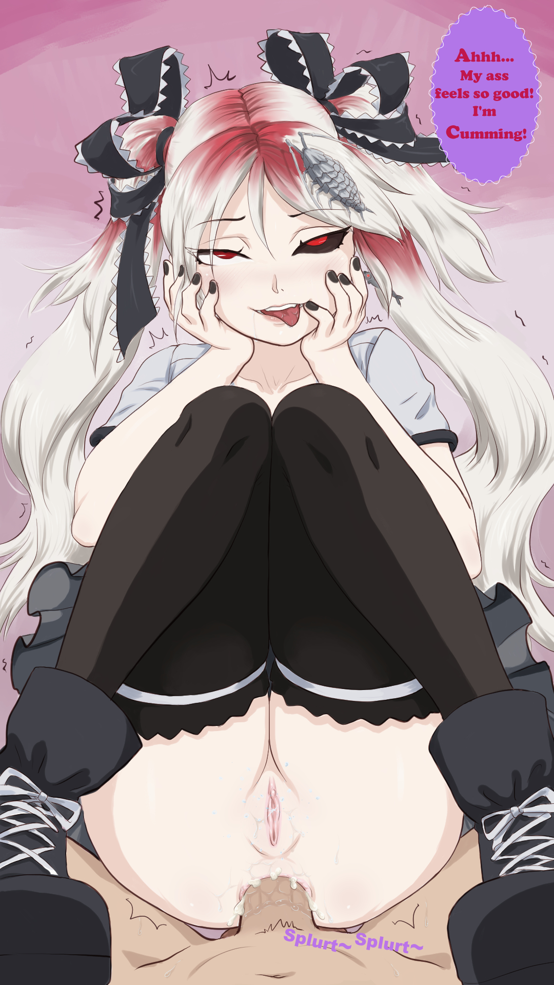 1boy, 1girls, anal, anal only, anal only lifestyle, anal orgasm, anal princess, anal sex, ass, calne ca, comission, cum in ass, cyborg, fanloid, female, female orgasm, female penetrated, gothic, legs up, looking pleasured, lying on back, male, male/female, multicolored hair, naughty face, no panties, orgasm, pink hair, pussy, pussy ejaculation, pussy juice, red eyes, sex, straight, tongue, tongue out, twintails