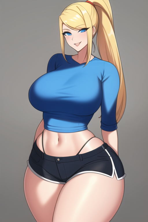 1girls, ai generated, ass, big breasts, blonde hair, blue eyes, blue sweater, breasts, crop top, curvy, curvy figure, female, female only, huge ass, huge hips, huge thighs, large breasts, long hair, metroid, nai diffusion, nintendo, ponytail, samus aran, seductive smile, shiny hair, shiny skin, short shorts, solo, solo female, stable diffusion, thick, thick thighs, thunder thighs, voluptuous, wide hips