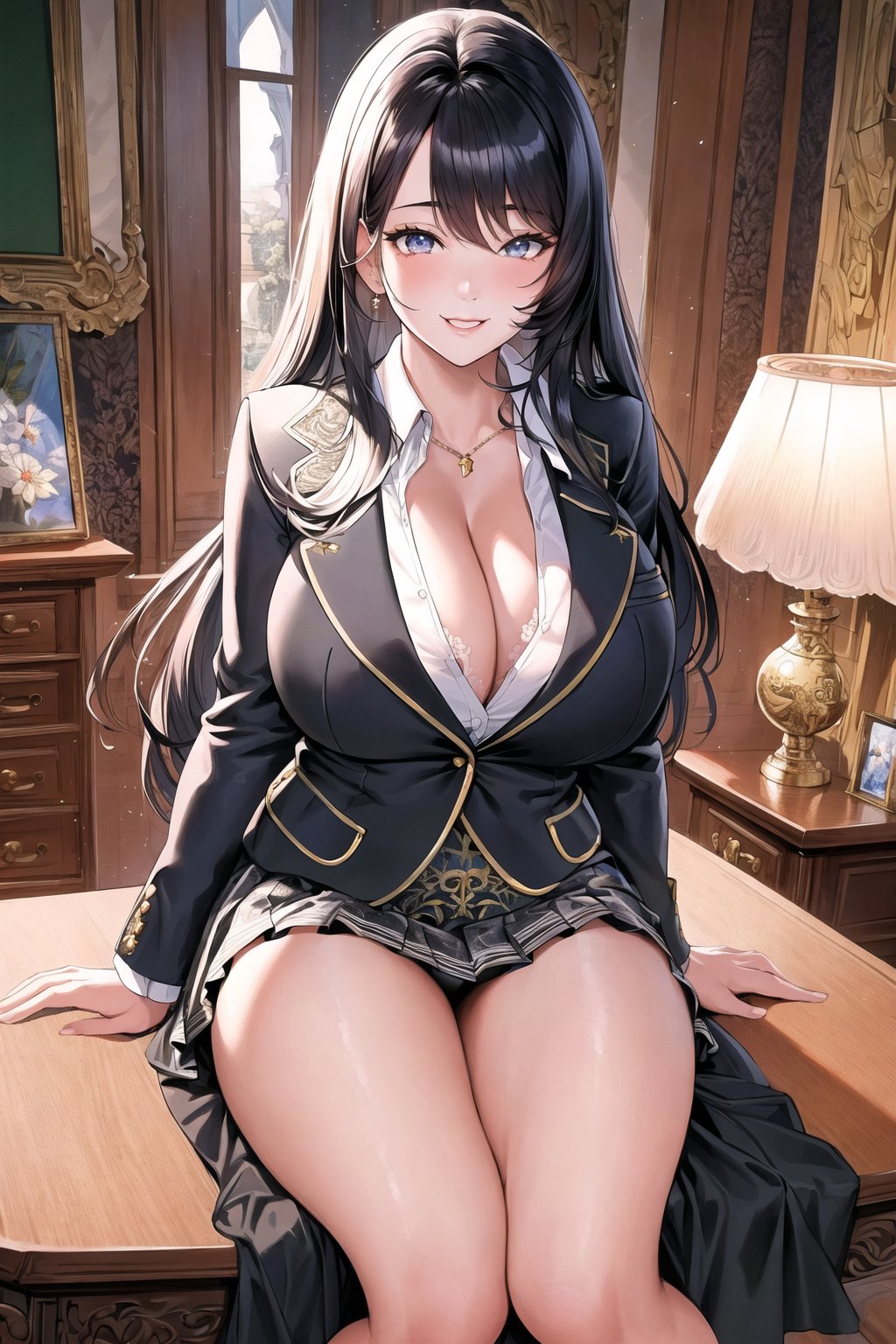 1girls, 2022, ai generated, cleavage, curvy female, female, female focus, female only, high resolution, looking at viewer, office lady, original, pantyshot, pantyshot (sitting), stable diffusion, tagme, voluptuous female