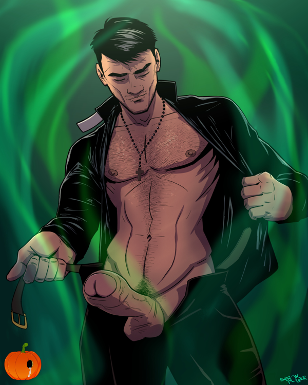 1boy body_hair byron_power costume cross_necklace erection male male_focus male_only pants_open priest shirt_open uncut