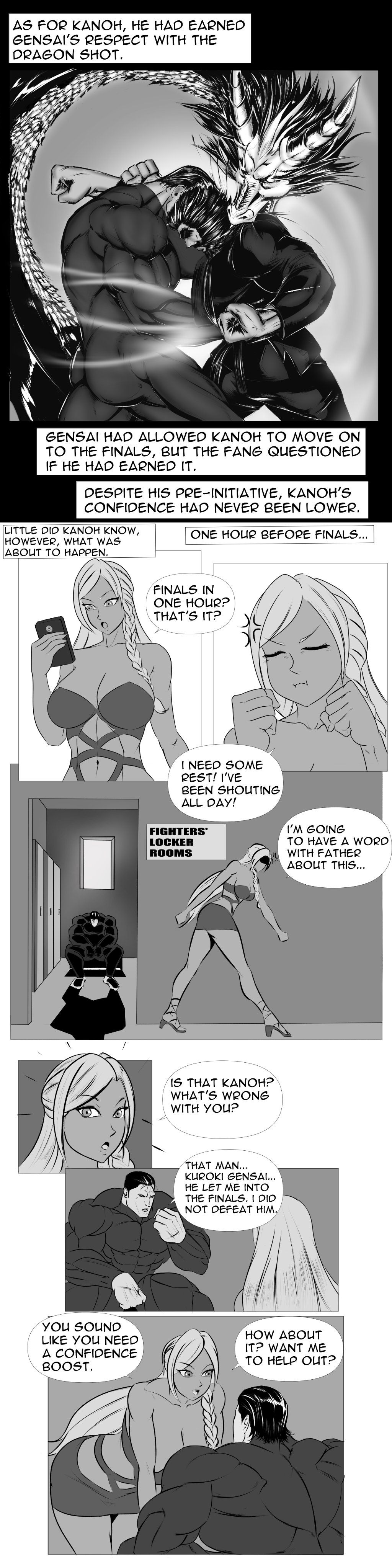 1girls big_breasts bodysuit cleavage comic dark-skinned_female dialogue english_text female kanoh_agito katahara_sayaka kengan_(series) kengan_ashura kuroki_gensai light-skinned_male long_hair male monochrome muscular muscular_male revealing_clothes smiling_samurai speech_bubble