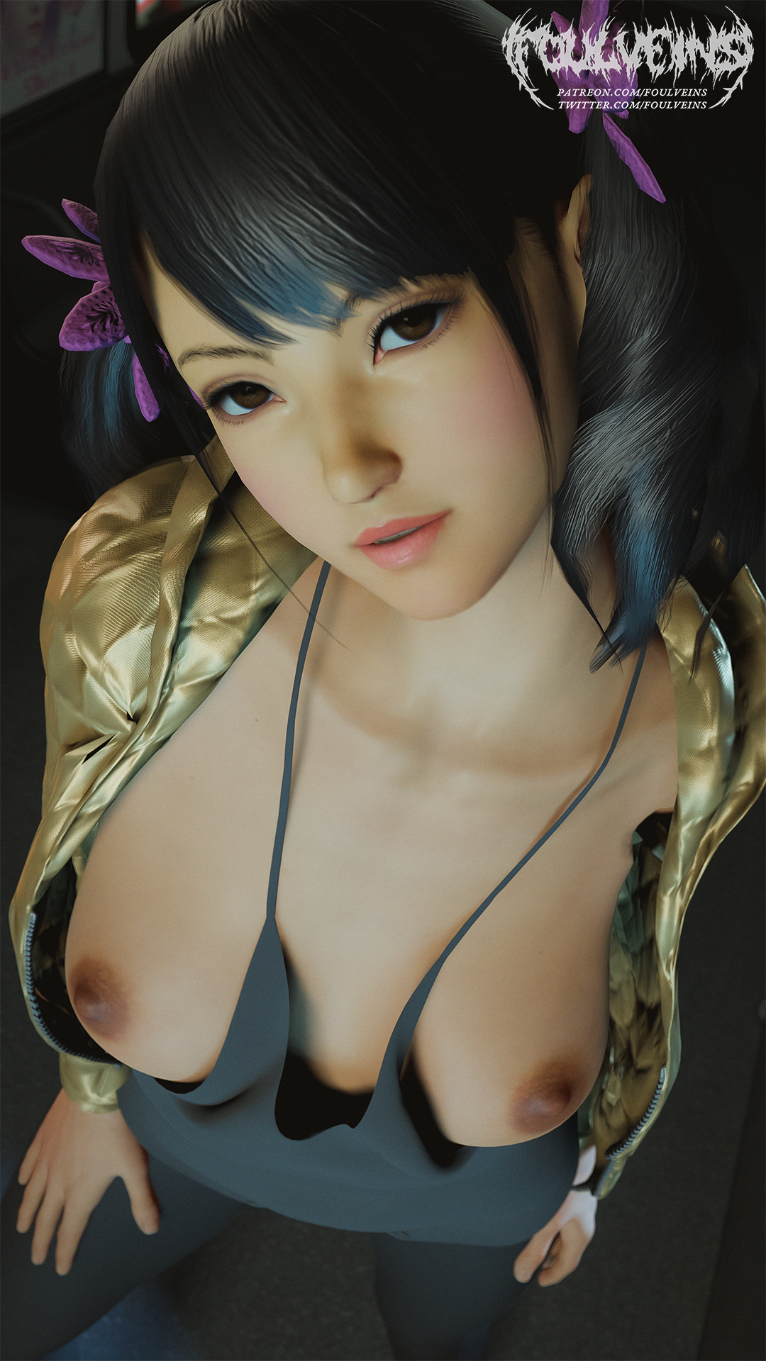 3d, areola, areolae, asian, asian female, bandai namco, black hair, breasts, breasts out, breasts out of clothes, brown eyes, erect nipples, female, female focus, female human, female only, foulveins, human, ling xiaoyu, looking at viewer, medium breasts, namco, namco bandai, nipples, partially clothed, pigtails, puffy nipples, solo, solo female, solo focus, tekken, tekken 3, tekken 7, tekken blood vengeance, tekken bloodline, twintails, twitter