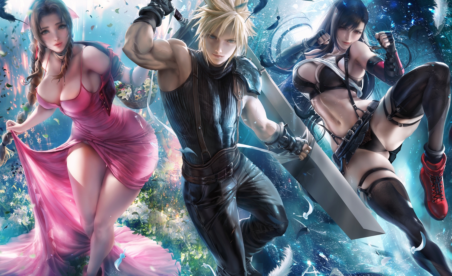 1boy, 2girls, abs, aerith gainsborough, armpits, ass, athletic, athletic female, bare legs, biceps, big breasts, black bra, black legwear, black panties, blonde hair, breasts, busty, cleavage, clothed, cloud strife, fair skin, fair-skinned female, female, fighting stance, final fantasy, final fantasy vii, final fantasy vii remake, fist, fit, fit female, fit male, flowers, green eyes, hair tie, hips, hourglass figure, legs apart, light skin, light-skinned female, light-skinned male, long hair, male, muscular, muscular male, panties, pink dress, sakimichan, slim waist, sword, thick thighs, thighhighs, thong, tifa lockhart, tight clothing, upskirt, voluptuous, wide hips