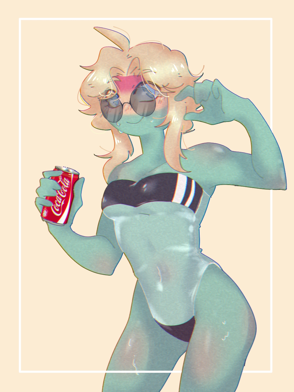 1girls bikini blonde_hair bolivia_(countryhumans) coca-cola cone_ink countryhumans countryhumans_girl green_body green_skin latina latina_female safe soda tagme