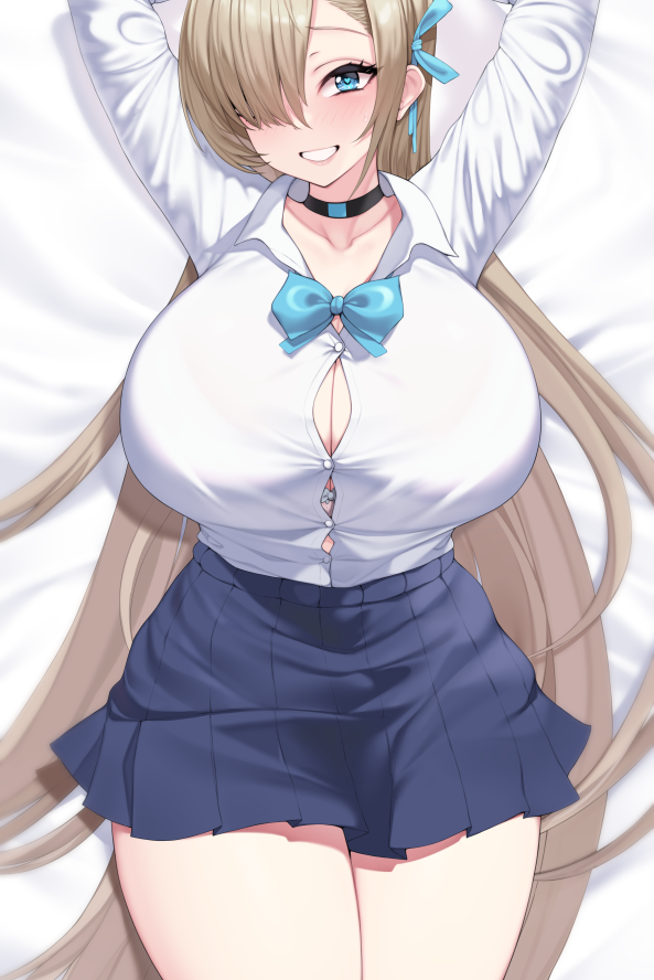 1girls, asuna (blue archive), blonde hair, blue archive, blue eyes, blush, breasts, cleavage, female, grin, hair over one eye, huge breasts, kuavera, long hair, lying on back, naughty face, school uniform, schoolgirl, smile, suggestive look, thick thighs, wide hips