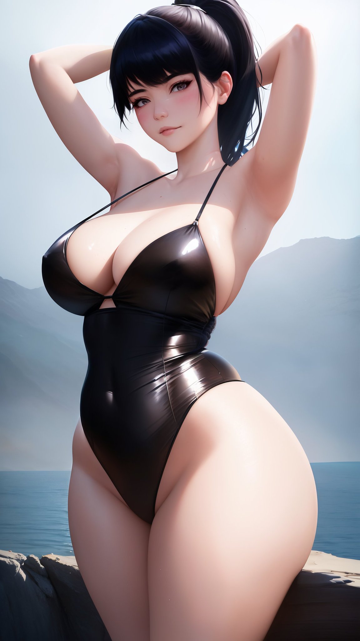 1girls, 2022, ai generated, big breasts, black hair, breasts, curvy female, fair skin, fair-skinned female, female, female focus, female only, high resolution, latex, leotard, long hair, original, ponytail, shiny clothes, stable diffusion, tagme, tight clothing, voluptuous, voluptuous female