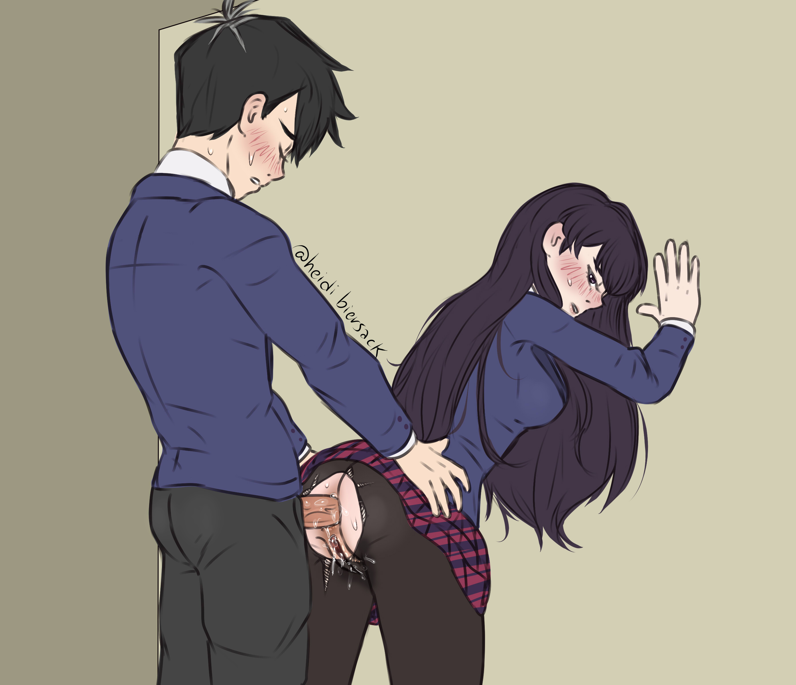 1boy, 1girls, against wall, anal, anal sex, anus, ass, canon couple, clothed sex, dripping pussy, female, from behind position, heidibiersack, komi shouko, komi-san wa komyushou desu, male, pantyhose, penis, pussy, pussy juice, ripped clothing, school uniform, standing sex, tadano hitohito, torn clothes, uniform, wet pussy
