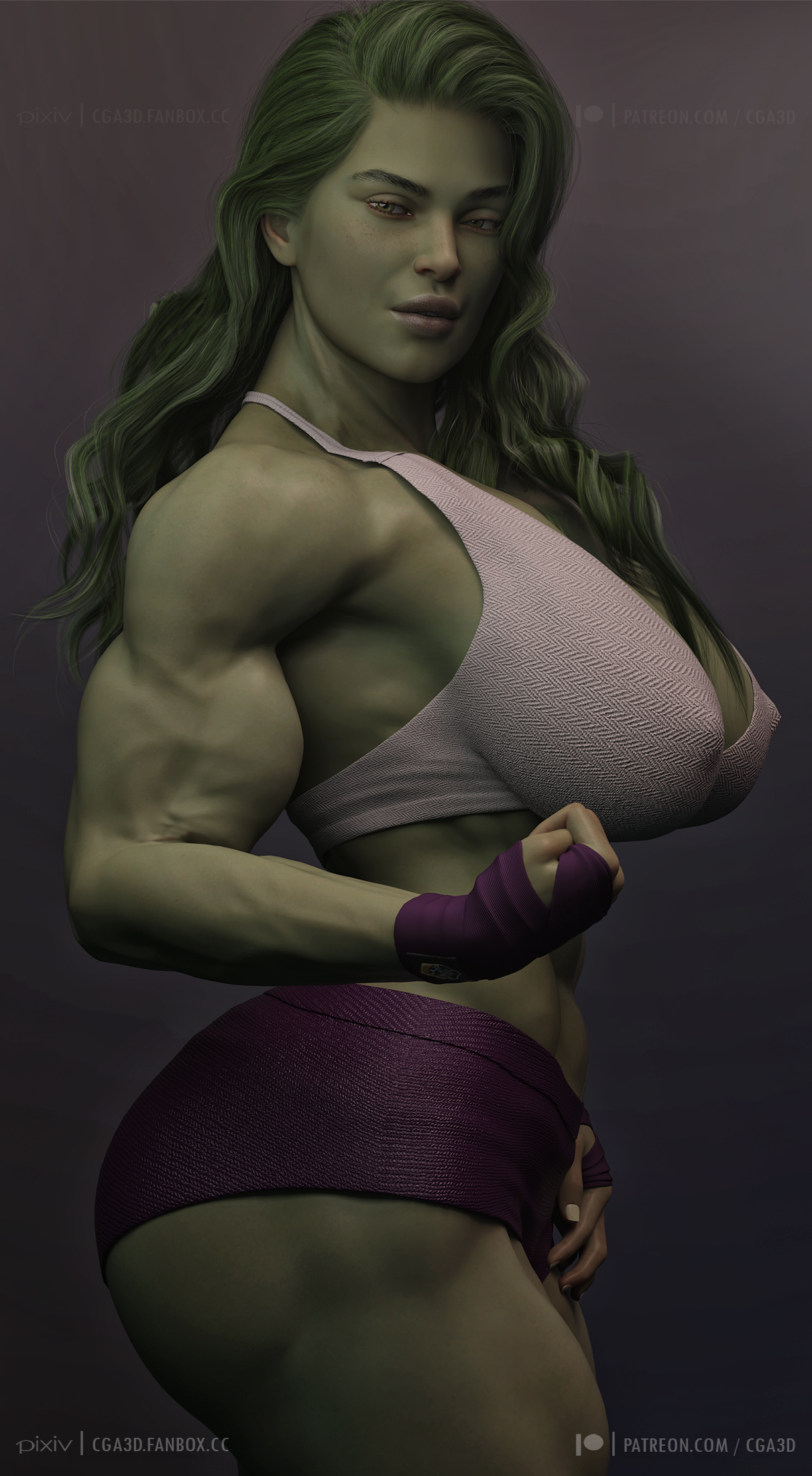 1girls, 3d, 3d (artwork), abs, artist name, ass, big ass, big breasts, booty shorts, breasts, celebrity, cga3d, clothed, erotichris, female, female only, flexing, flexing bicep, green body, green eyes, green hair, green skin, green-skinned female, hi res, huge breasts, hulk (series), large breasts, long hair, looking at viewer, marvel, marvel comics, midriff, muscular, muscular female, nipple bulge, patreon username, pixiv username, pokies, she-hulk, short shorts, shorts, side view, six pack, solo, sports bra, thick thighs, voluptuous, voluptuous female