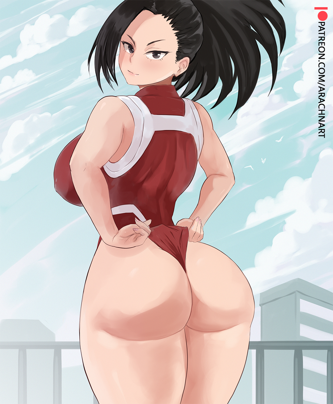 1girls, arachnart, ass, back view, black hair, black-haired female, breasts, bubble ass, bubble butt, female, hero outfit (mha), huge ass, huge breasts, human, human female, leotard, light skin, light-skinned female, long hair, momo yaoyorozu, momo yaoyorozu (hero outfit), my hero academia, solo, superheroine, thick thighs, wedgie, wide hips