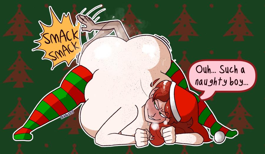 1boy, 1girls, anal vore, ass, ass up, christmas, dialogue, female, female focus, ferristis, freckles on ass, large ass, legs apart, male, male prey, safe vore, santa hat, smacking ass, soft vore, text, vore