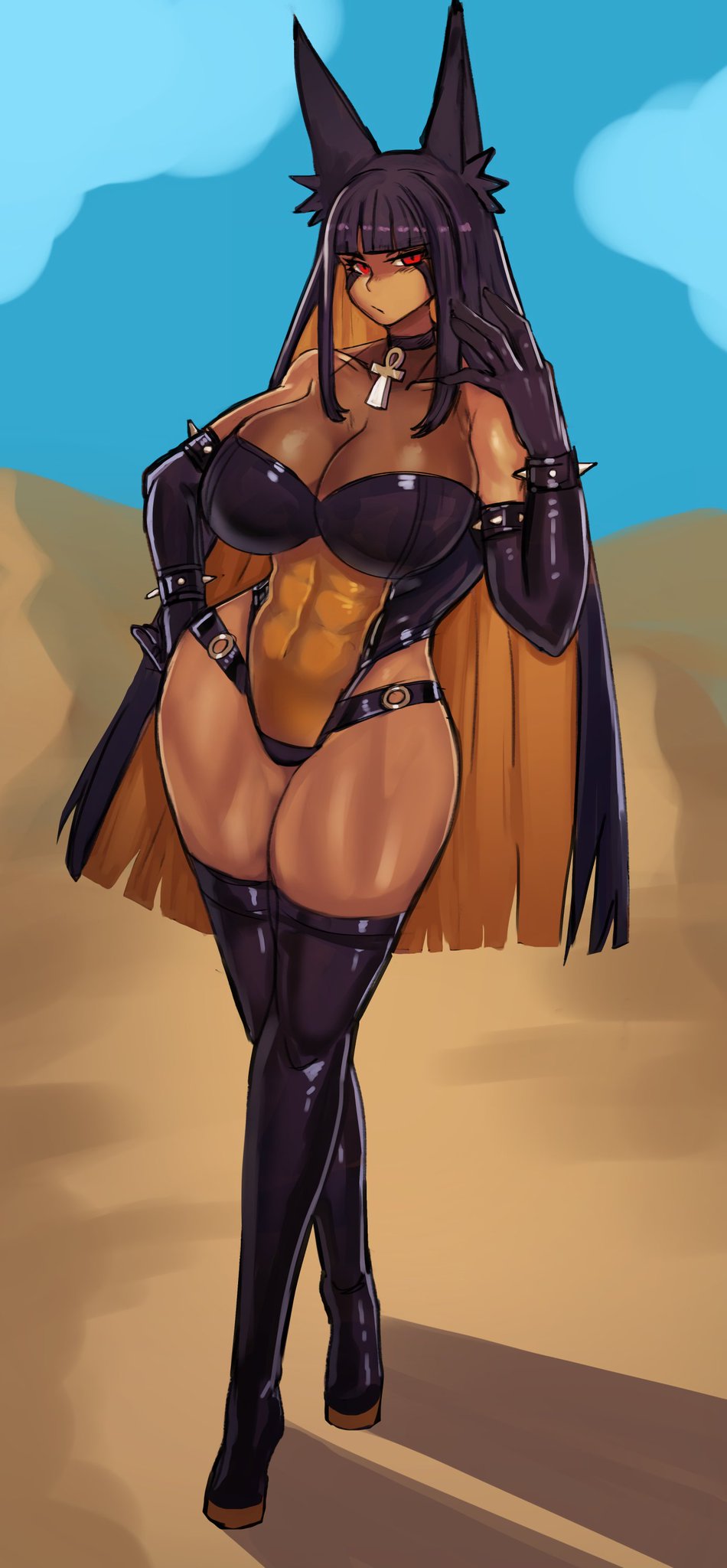 1girls abs animal_ears ankh anput_(bladechan28) black_boots black_gloves black_hair blunt_bangs boots borrowed_character dark-skinned_female dark_skin desert egyptian ezzyecchi female female_only gloves golden_hair leotard long_boots makeup muscular muscular_female original outside red_eyes solo two_tone_hair