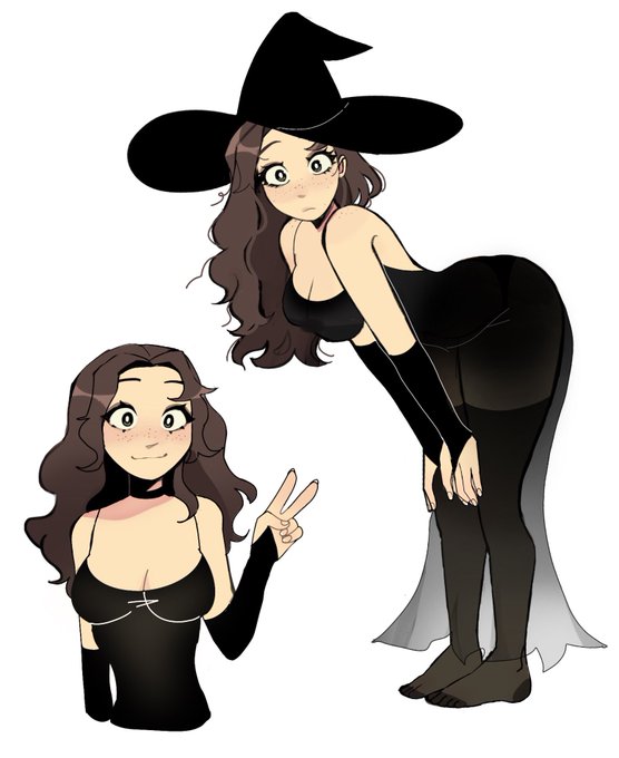 ass_in_dress better_version_at_source breasts brown_hair confused corset hexia hexia_(miaormoa) looking_at_viewer lowres miaormoa(artist) peace_sign see-through_clothing stare thighhighs thumbnail witch witch_hat