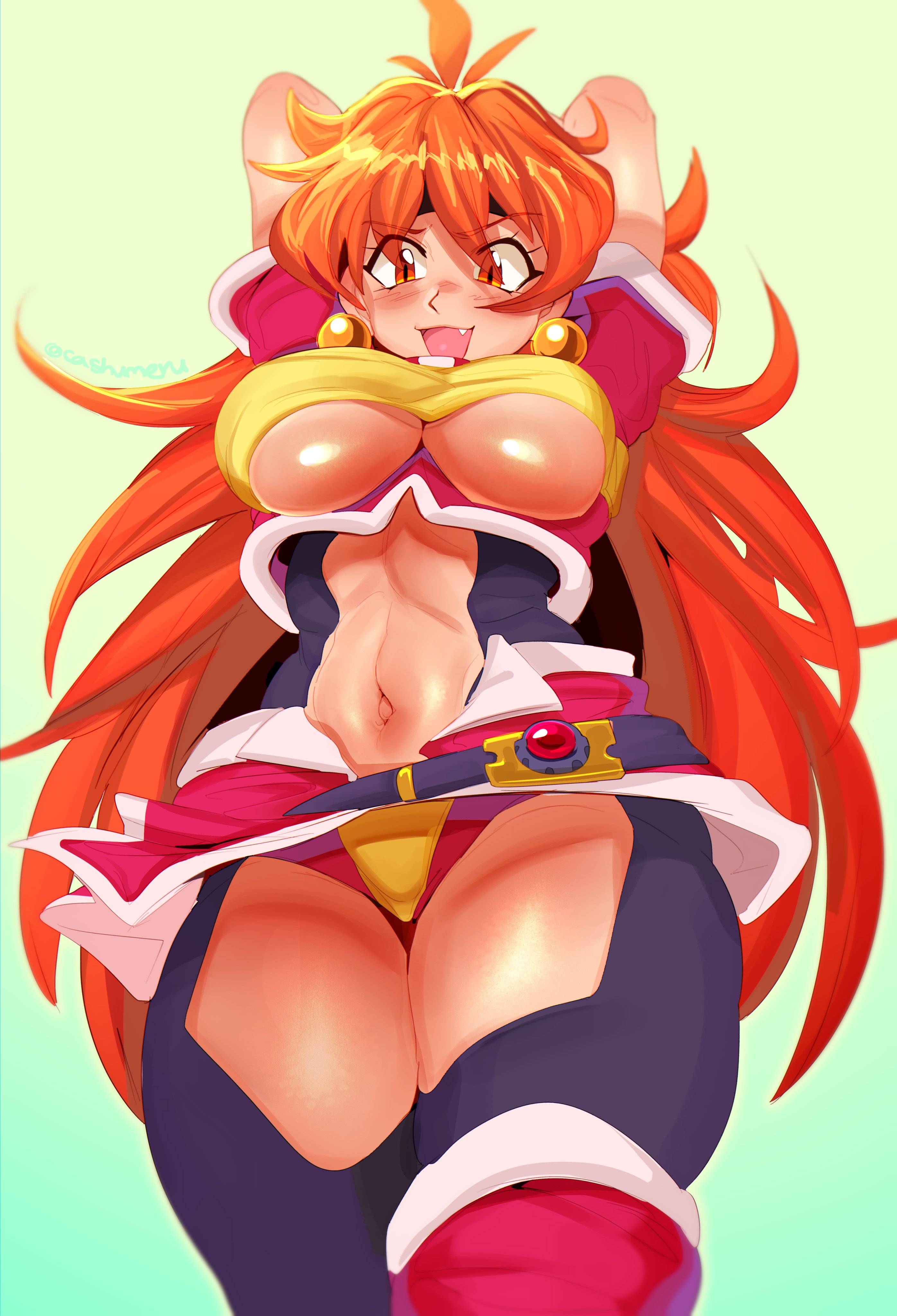 :3, 1girls, 2022, absurd res, arms above head, arms behind head, blush, breasts, cashumeru, clothing, cute fang, earrings, female, female only, human, legs together, light skin, light-skinned female, lina inverse, long hair, looking at viewer, oerba yun fang, open mouth, orange eyes, orange hair, slayers, slit pupils, smiling, smiling at viewer, solo, sorceress, thick thighs, underboob