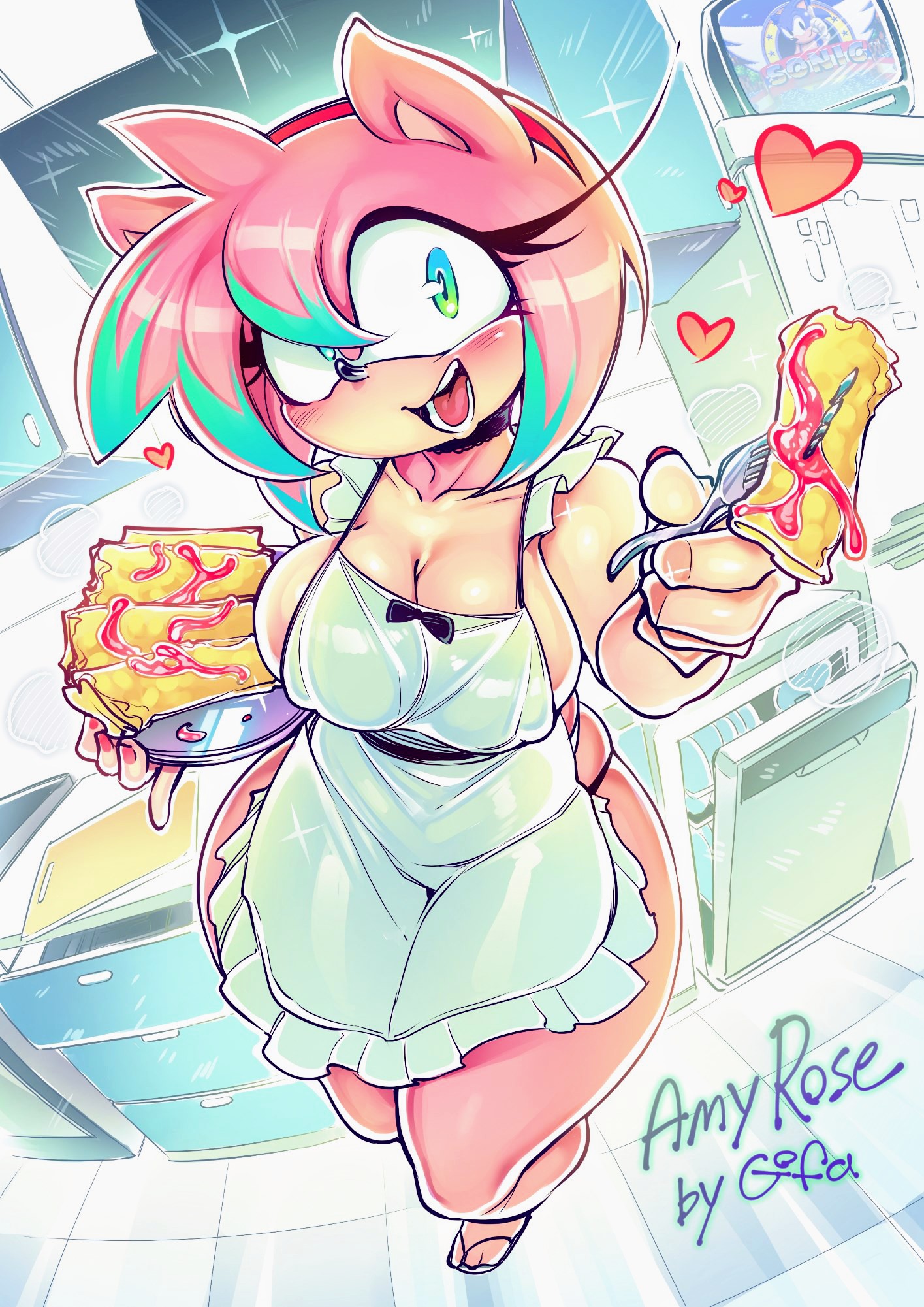 1girls, amy rose, anthro, artist name, ass, breasts, character name, eulipotyphlan, female, furry, furry female, gofa, green highlights, hedgehog, highlights (coloring), holding object, looking at viewer, mammal, open smile, pink hair, red hairband, sega, short hair, smile, sonic (series), sonic the hedgehog, sonic the hedgehog (series), teeth, tongue
