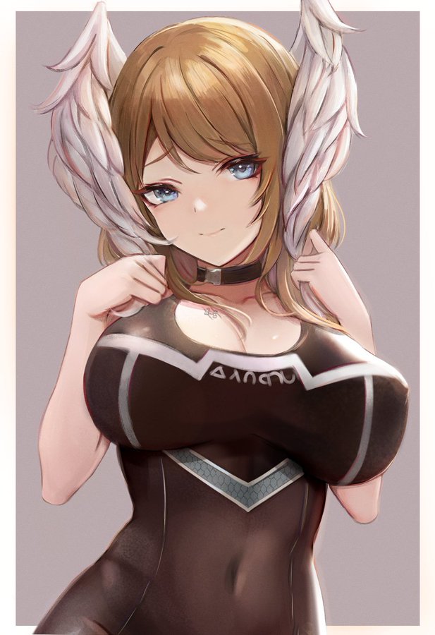 1girls alternate_breast_size asymmetrical_bangs bangs bare_arms bare_shoulders big_breasts black_choker black_tank_top blue_eyes blush breast_tattoo breasts brown_hair choker cleavage curvy curvy_figure erect_nipples eunie_(xenoblade) female female_only holding_hair holding_wing hourglass_figure large_breasts leonmandala long_hair massive_breasts nintendo nipples nipples_visible_through_clothing smile solo tank_top thick_thighs wings xenoblade_(series) xenoblade_chronicles_3