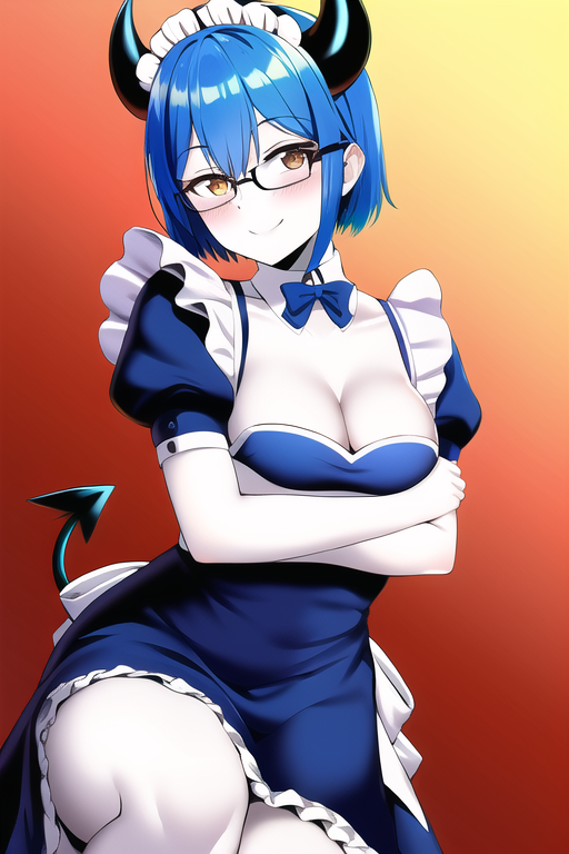 ai_generated blue_hair blush cleavage demon_girl demon_horns demon_tail glasses gold_eyes highres holding_breast maid maid_uniform medium_breasts nai_diffusion orange_background original original_character pale_skin rubycks smile stable_diffusion