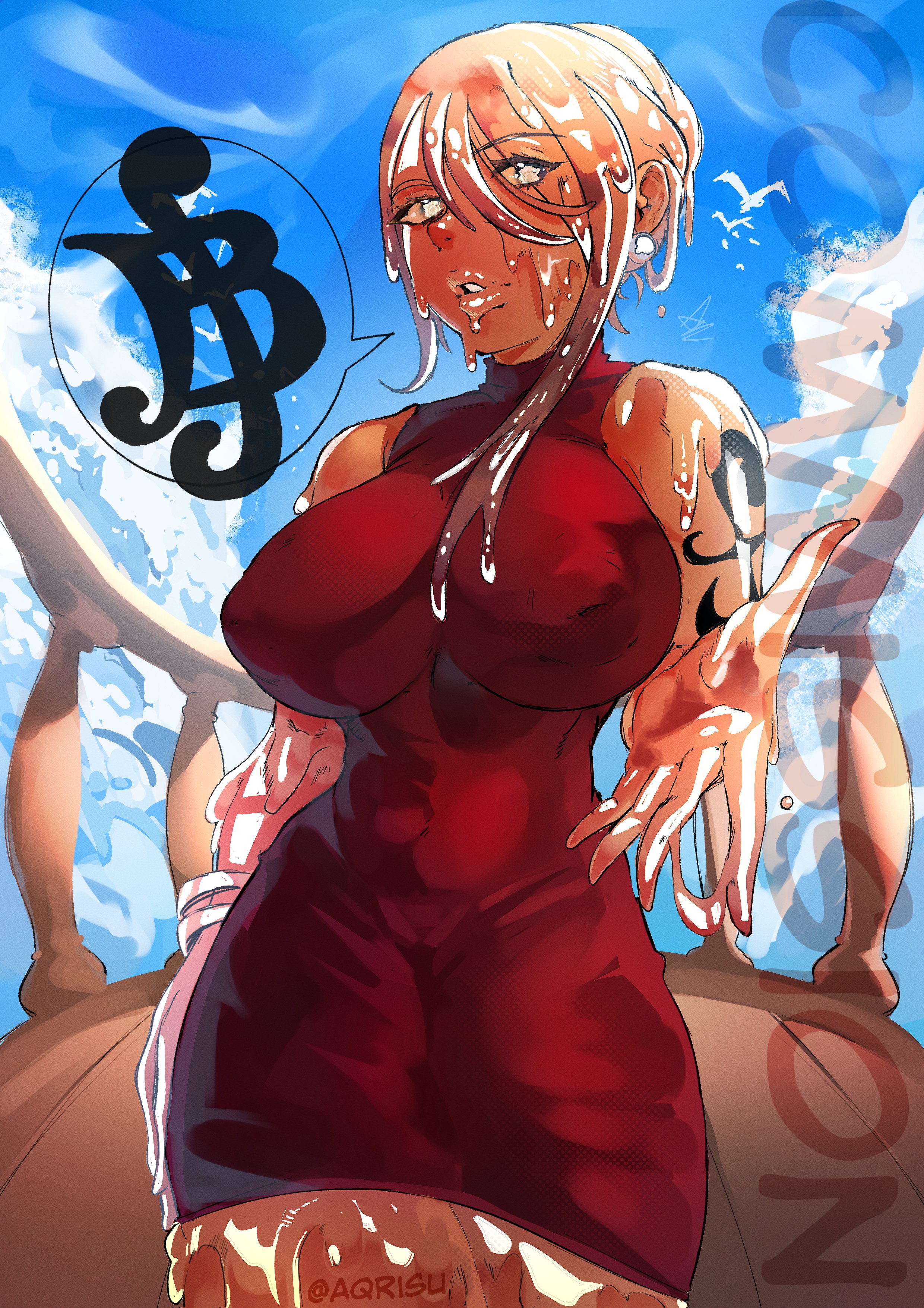 1girls, 2022, aqrisu, big breasts, breasts, dress, female, female only, looking at viewer, nami (one piece), one piece, orange body, orange eyes, post-timeskip, slime, slime girl, solo, tattoo, tattoo on arm, very high resolution, whole cake island