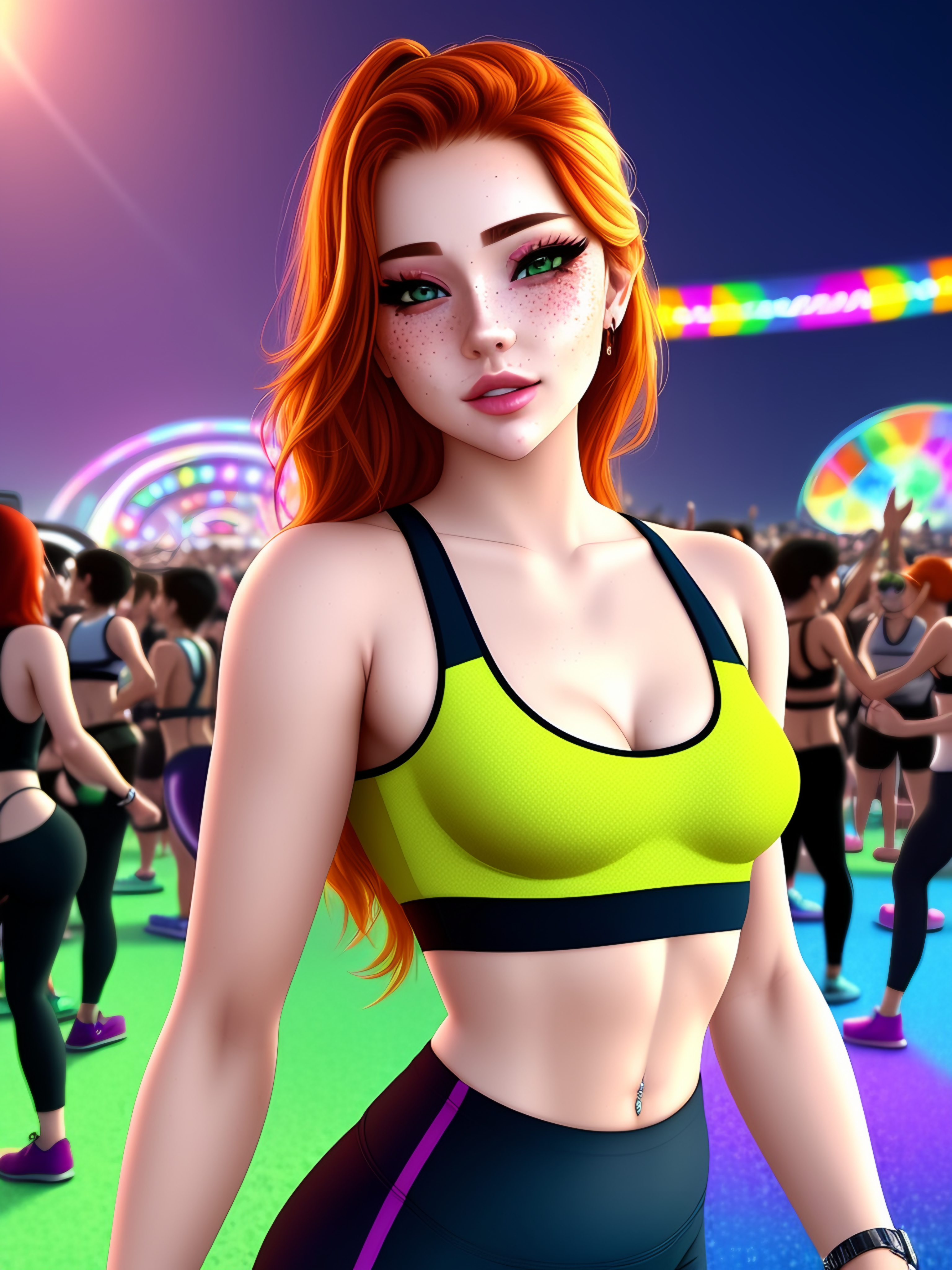 ai generated, athletic, bra, female, fit, freckles, ginger, rave, sports bra, stable diffusion
