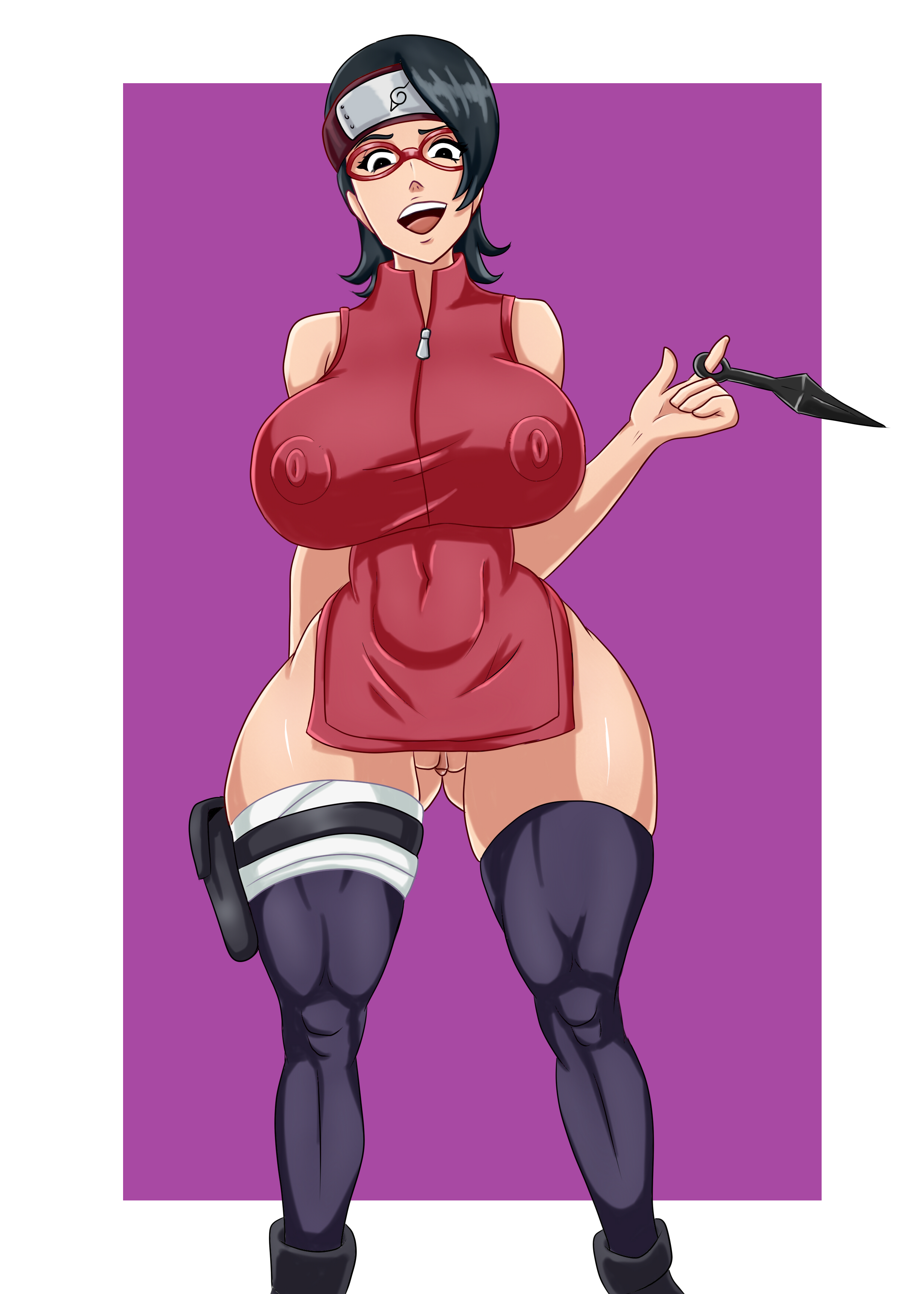 boruto: naruto next generations, breasts, exhibitionism, female, gmgkaiser, huge breasts, naruto, naruto (series), partially visible vulva, pussy, sarada uchiha, showing pussy, tagme, thunder thighs, wide hips