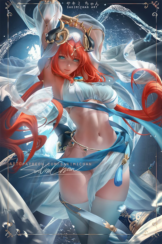 1girls aqua_eyes breasts dancer dancer_outfit female genshin_impact large_breasts light-skinned_female light_skin long_hair midriff navel nilou_(genshin_impact) red_hair sakimichan shio slim_waist thighs