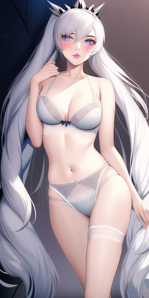 1girls ai_generated anime_lingerie big_breasts breasts crown female female_only hand_on_arm lingerie looking_at_viewer nai_diffusion pale-skinned_female pink_lipstick rwby simple_background skinny_girl skinny_waist solo stable_diffusion tagme thighhighs very_long_hair weiss_schnee white_hair white_lingerie