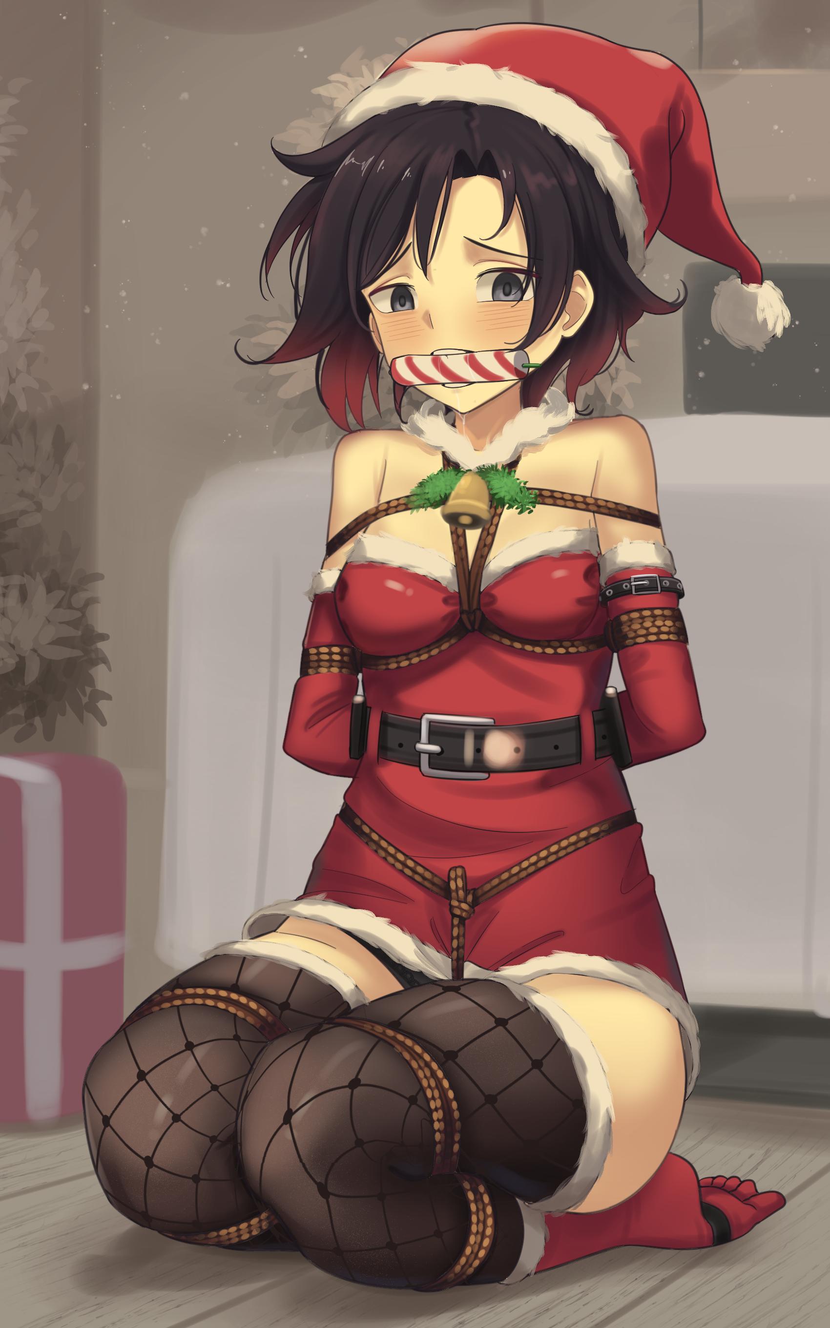 1girls, arms tied behind back, bit gag, bondage, bound legs, candy cane, christmas, christmas outfit, crotch rope, dankestofdans, female, female only, gag, gagged, grey eyes, looking at viewer, ruby rose, rwby, santa hat, solo, two-tone hair