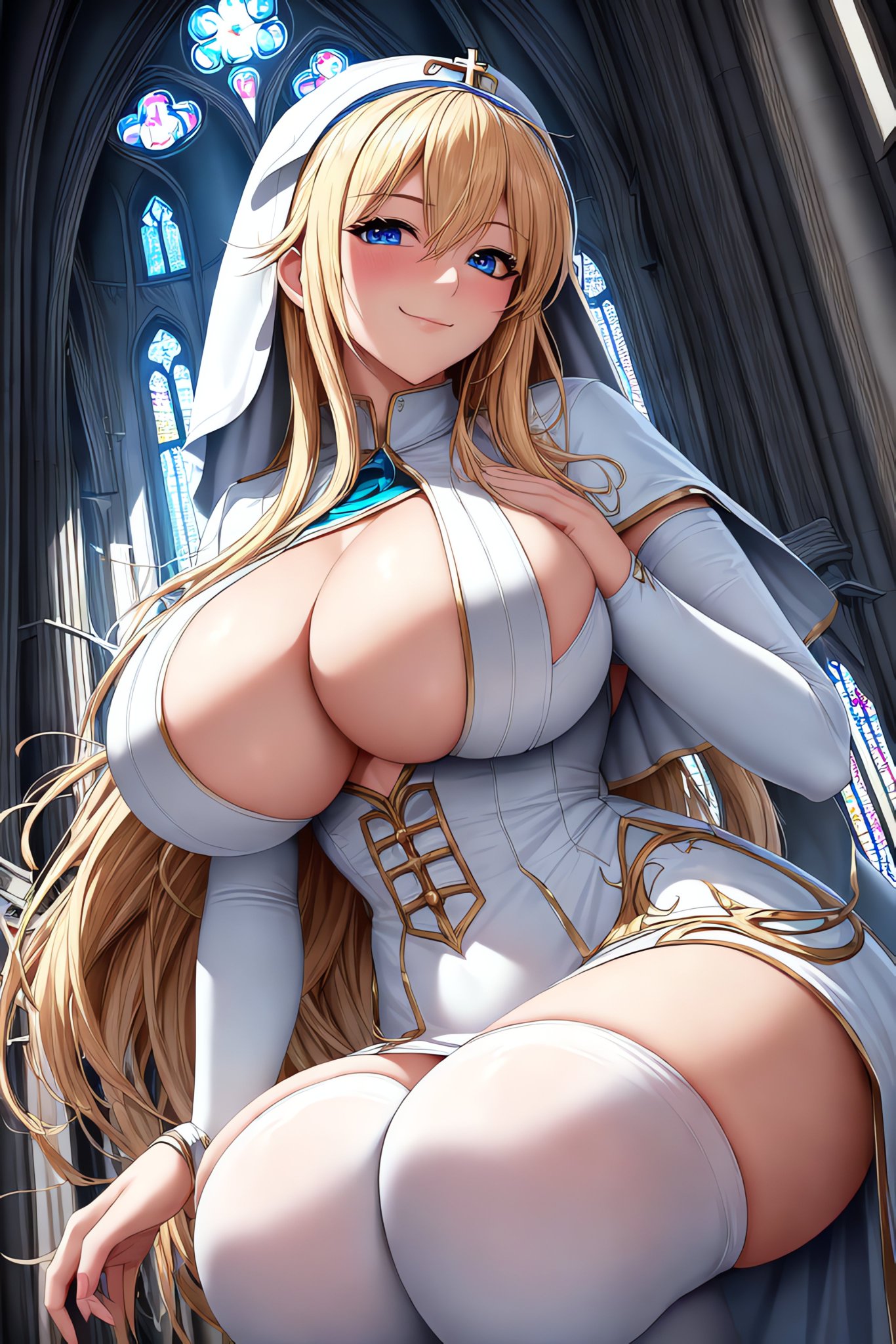 1girls, 2022, ai generated, big breasts, blonde hair, breasts, church interior, cleavage, female, female focus, female only, high resolution, holaraai, large breasts, long hair, nun, nun outfit, original, stable diffusion, tagme, voluptuous female