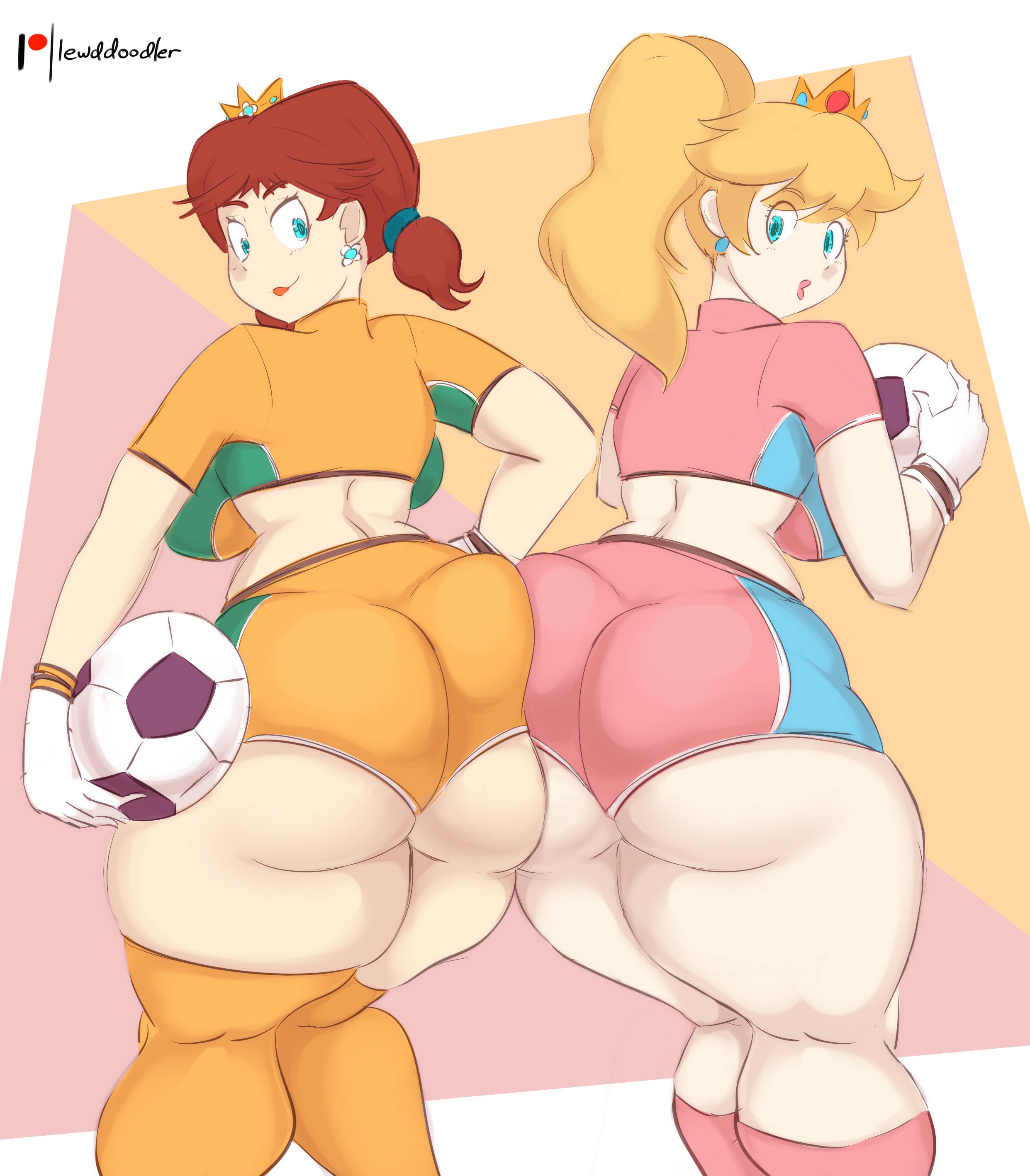 2girls, ass, ass bigger than head, ass to ass, ball (object), big ass, big breasts, blonde hair, blue eyes, breasts, brown hair, bubble ass, bubble butt, fat ass, female, female only, huge ass, large ass, lewddoodler, looking at viewer, looking back, mario (series), mario strikers, multiple females, multiple girls, nintendo, orange shorts, pink shorts, princess daisy, princess peach, shirt, short hair, shorts, simple background, soccer ball, sports uniform, standing, thick thighs, tied hair, tight clothing, uniform, wide hips