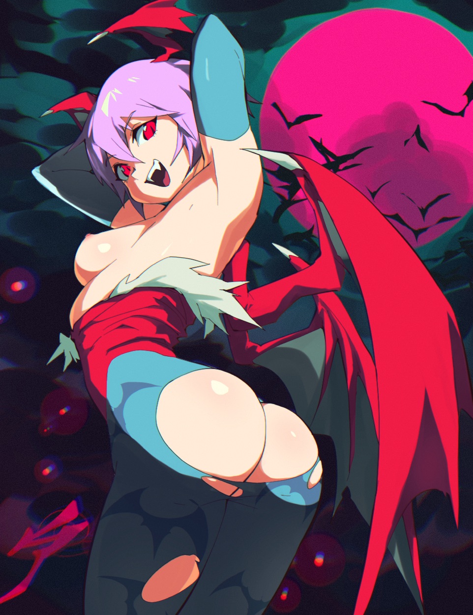 aetherion art, breasts, clothing, darkstalkers, demon, female, lilith aensland, nipples, ripped clothing, small breasts, succubus, torn clothes