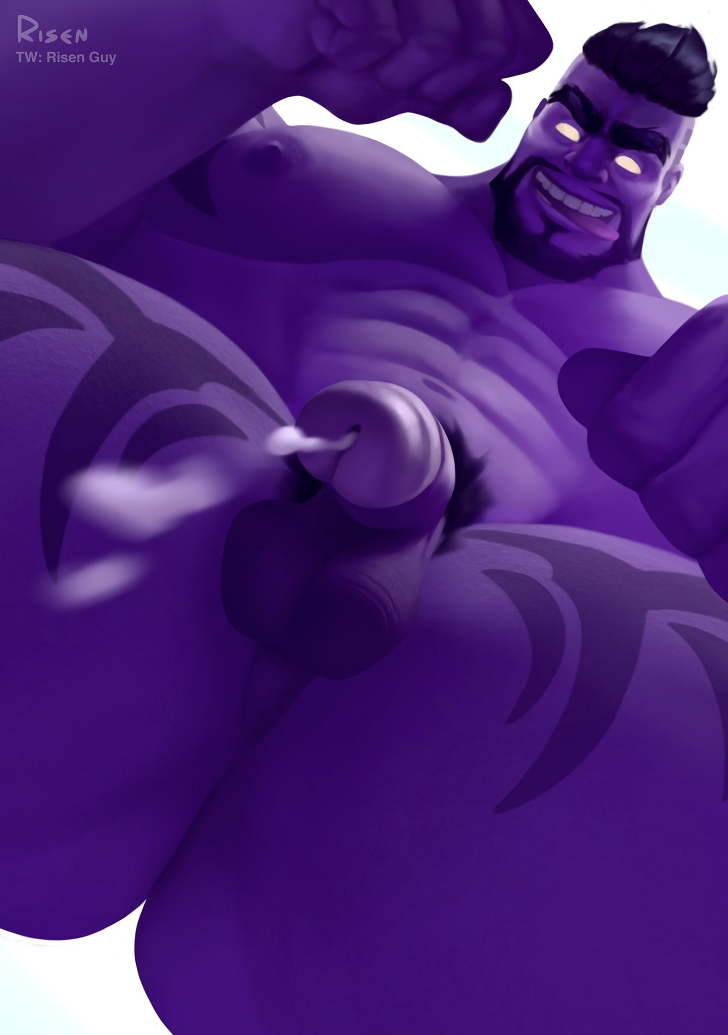 cum cum_drip flaccid flaccid_penis glowing_eyes league_of_legends legacy_series looking_down male male_only mr._mundoverse mundo_(league_of_legends) muscles muscular muscular_male purple_skin risen_guy tongue_out