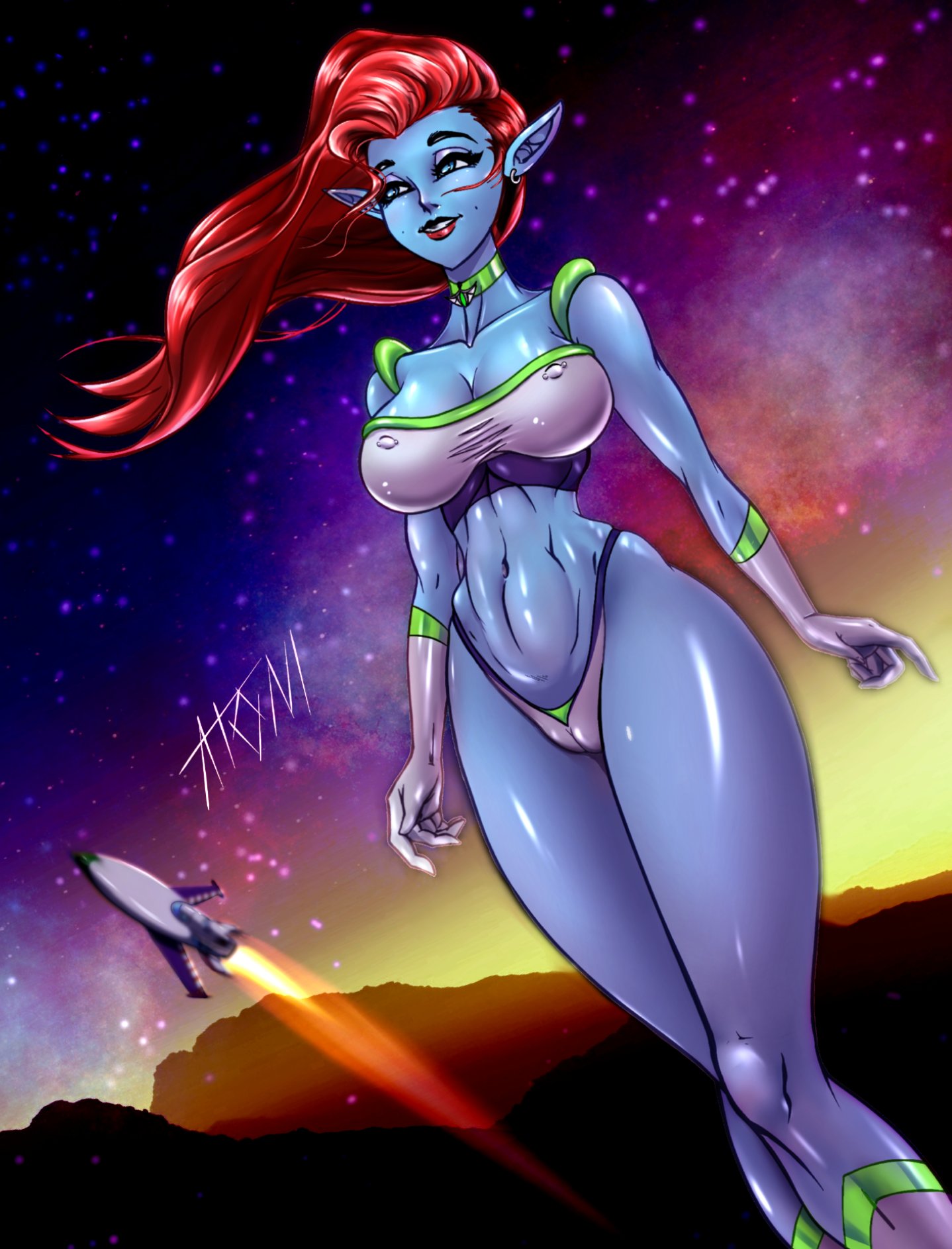 1girls 2022 2d alien alien_girl alien_humanoid alien_only artist_request artist_signature blue-skinned_female blue_eyes blue_skin breasts buzz_lightyear_of_star_command chocker earrings female female_focus female_only high_resolution highres low_cut_top mira_nova pinup pointy_ears red_hair red_lipstick skimpy solo solo_female solo_focus space space_ranger stars thick_thighs thong