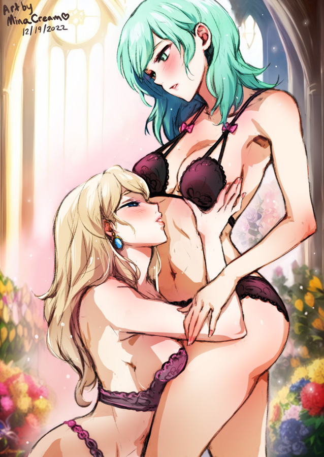 2girls, alternate hairstyle, artist name, ass, bare thighs, big ass, black panties, blonde hair, blue eyes, blush, body worship, bra, breast grab, breasts, byleth (fire emblem), byleth (fire emblem) (female), church, cleavage, dated, earrings, enlightened byleth (female), female, female only, fire emblem, fire emblem warriors: three hopes, fire emblem: three houses, grabbing, green eyes, green hair, groping, kneeling, light skin, light-skinned female, lingerie, medium breasts, medium hair, mercedes von martritz, minacream, multiple females, multiple girls, nail polish, nintendo, official alternate hairstyle, panties, purple panties, signature, squinting, thighs, underwear, yuri