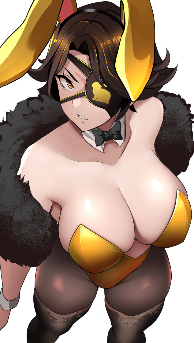 1girls, alternate costume, breasts, brown hair, bunny ears, bunny girl, bunnysuit, cinder fall, cleavage, eye patch, female, female only, from above, lainart, large breasts, looking at viewer, looking up, orange eyes, rwby, solo, year of the rabbit