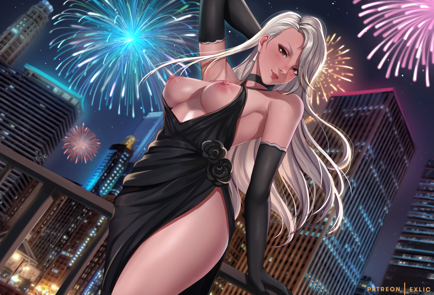 1girls, areolae, big breasts, breasts, choker, dress, exlic, female, fireworks, large breasts, looking at viewer, nipples, persona, persona 5, sae niijima, solo, tagme, thick thighs, white hair, wide hips