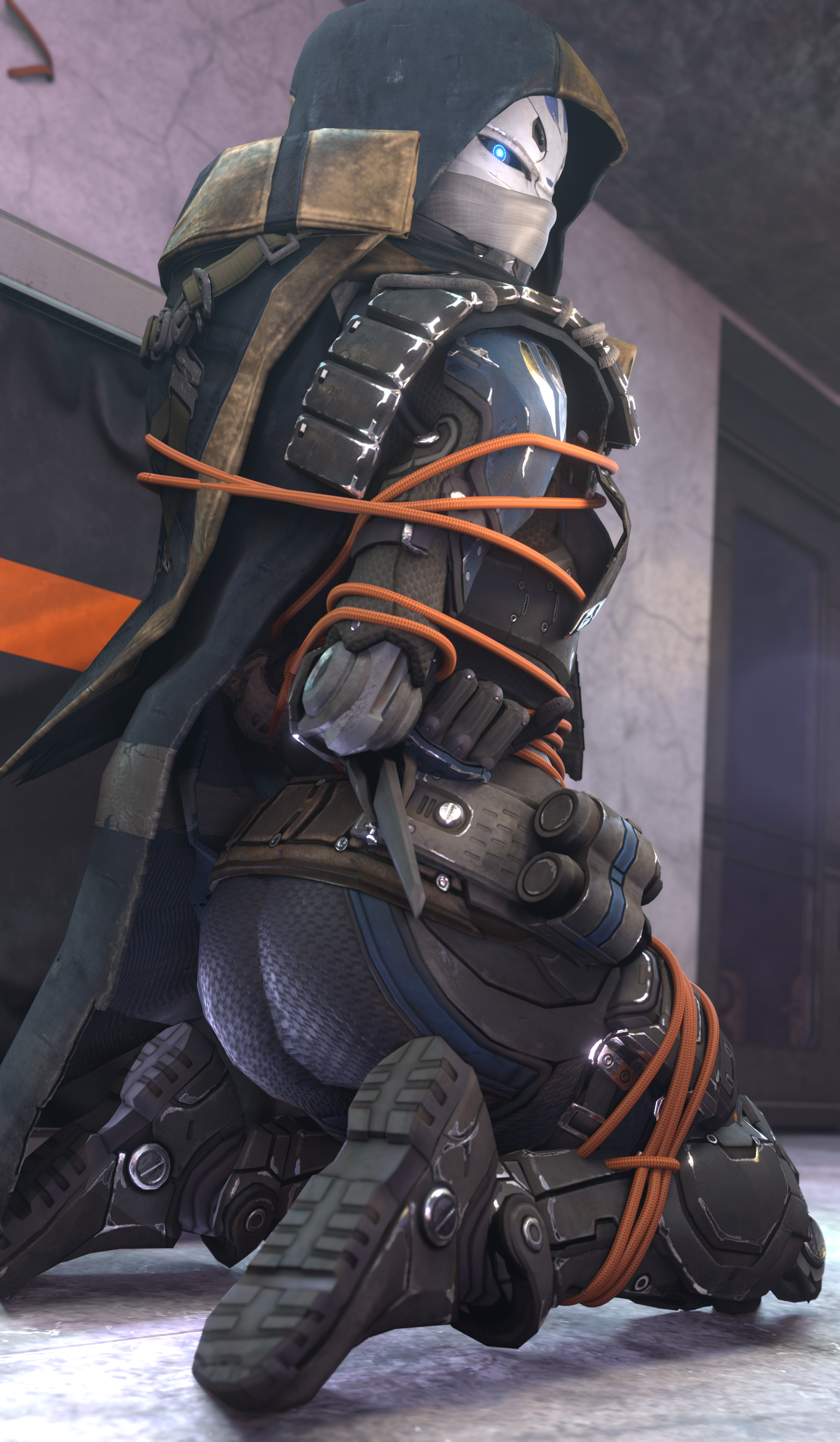 3d, 3d (artwork), ass, athletic, athletic female, blue eyes, bondage, bound, braynger, bungie, destiny (game), destiny 2, elsie bray, exo, exo stranger, female, gag, gagged, hood, restrained, restraints, rope, rope bondage, tape gag, tied up