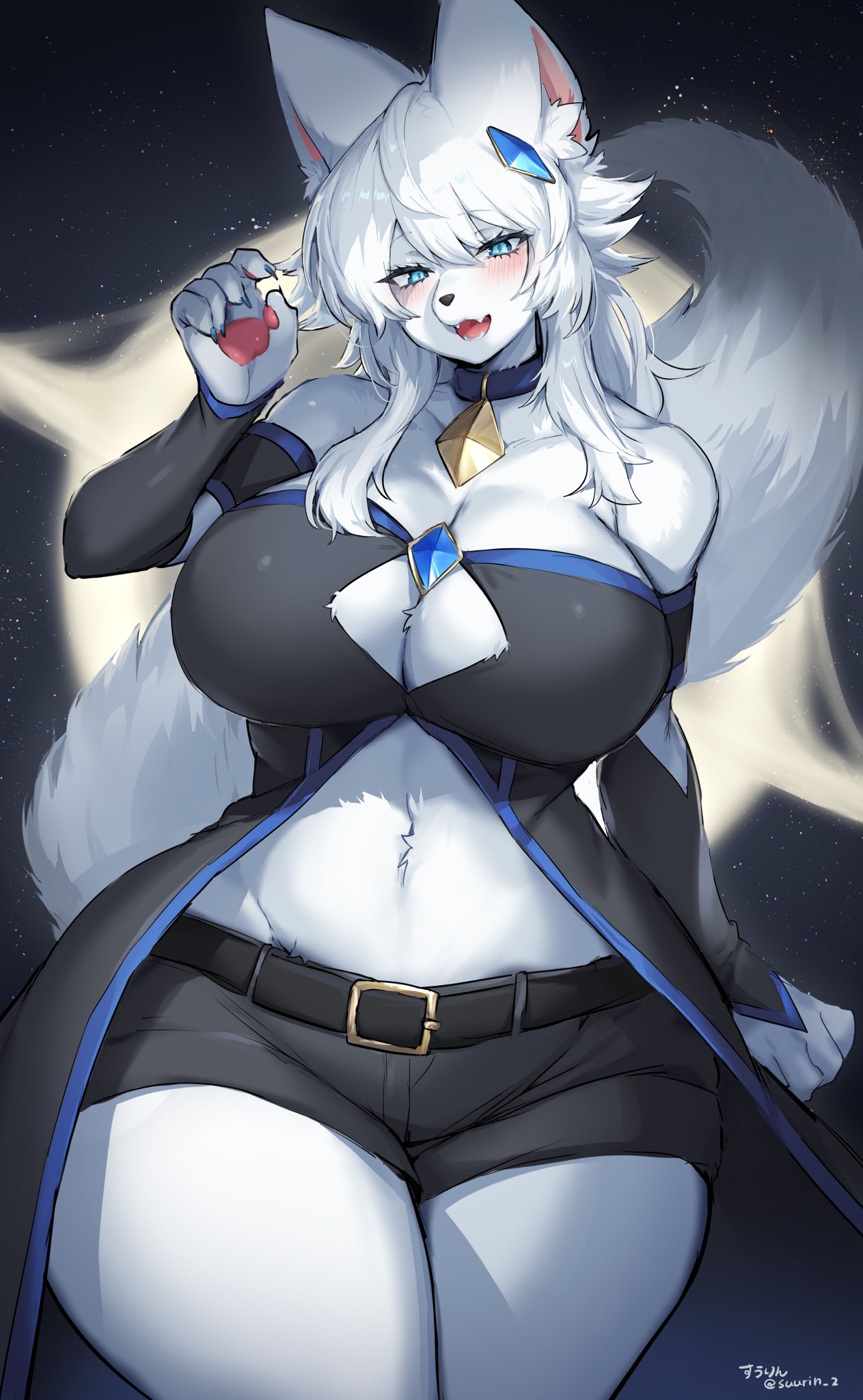 anthro belt big_breasts blue_eyes blush boob_window collar fur hourglass_figure large_breasts looking_at_viewer paws short_shorts suurin_(ksyaro) thick_thighs white_fur wide_hips