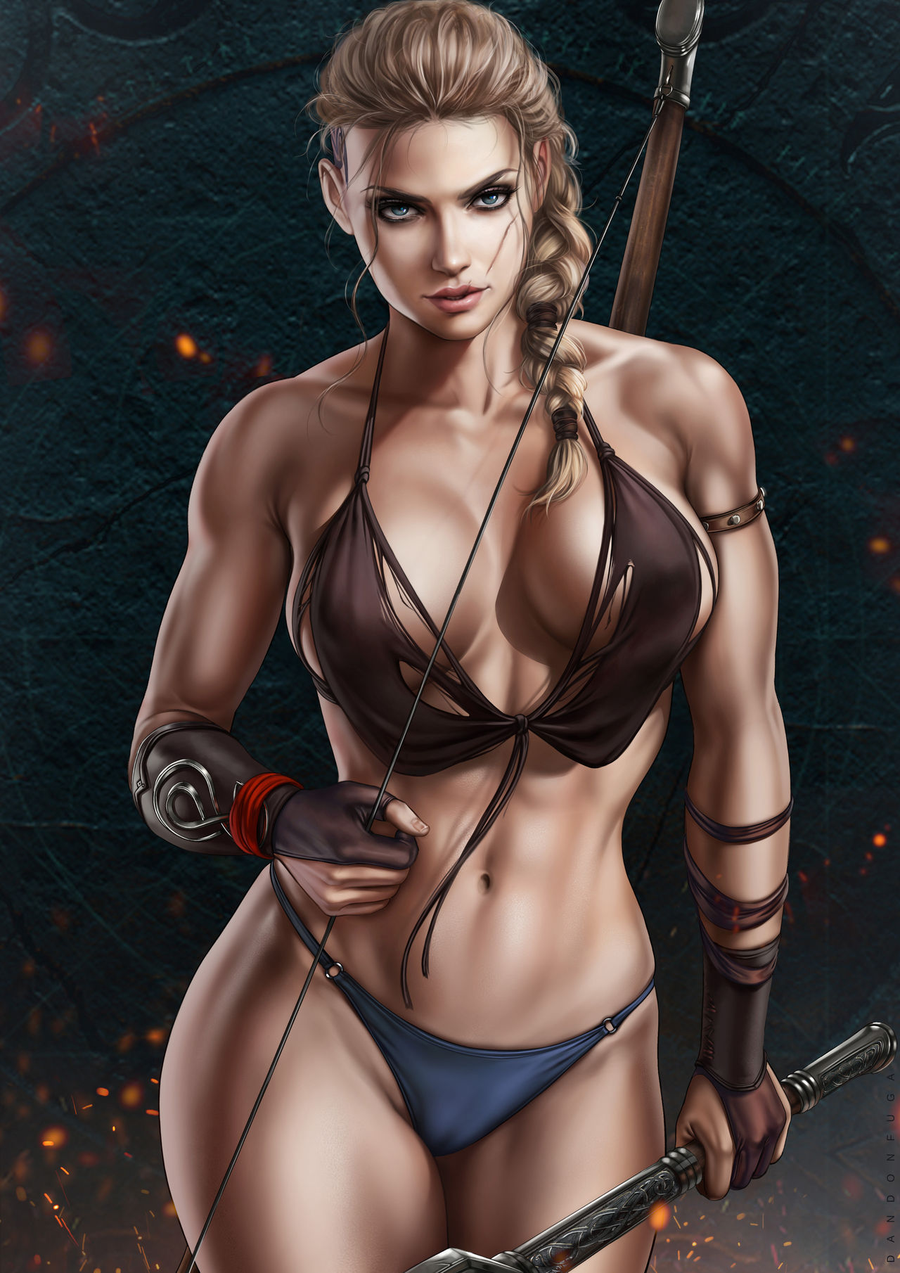 assassin's_creed_(series) assassin's_creed_valhalla axe bare_midriff blonde_hair blue_eyes bow braid braided_hair braided_ponytail breasts cameltoe child_bearing_hips cleavage dandon_fuga eivor_varinsdottir looking_at_viewer medium_breasts ragged_clothing scars solo solo_female thick_thighs toned toned_female torn_clothes ubisoft viking viking_female weapons wide_hips